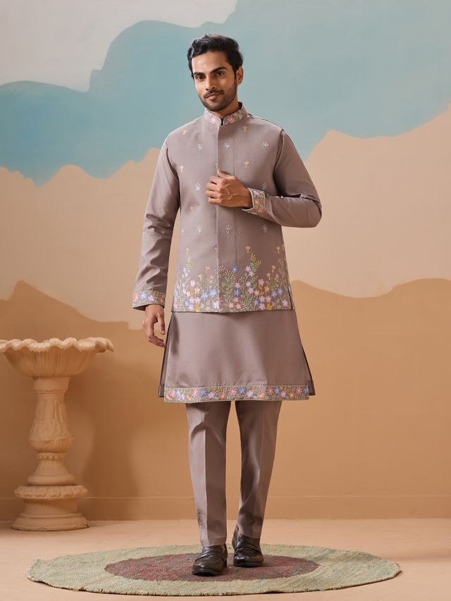 Men's Grey Viscose Silk Multi Thread With Sequence Embroidered Work Kurta Set
