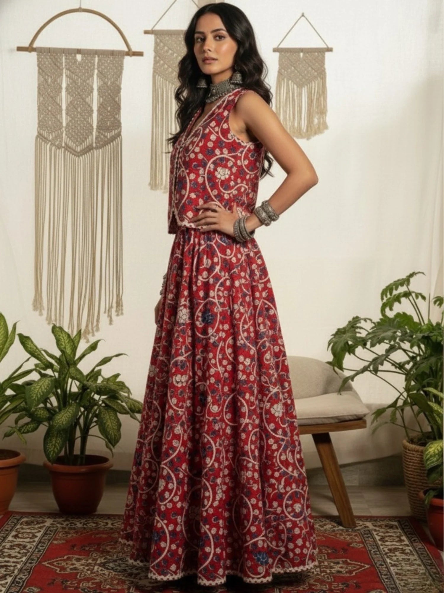 Women's Red Cotton Lace detailing Waistcoat with Skirt