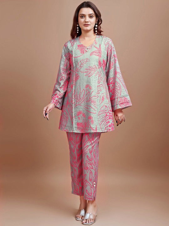 Women's Grey & Rose Pink Cotton Blend Printed Co-Ord Set