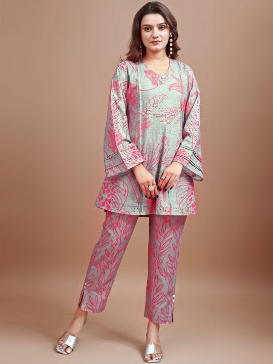 Women's Grey & Rose Pink Cotton Blend Printed Co-Ord Set