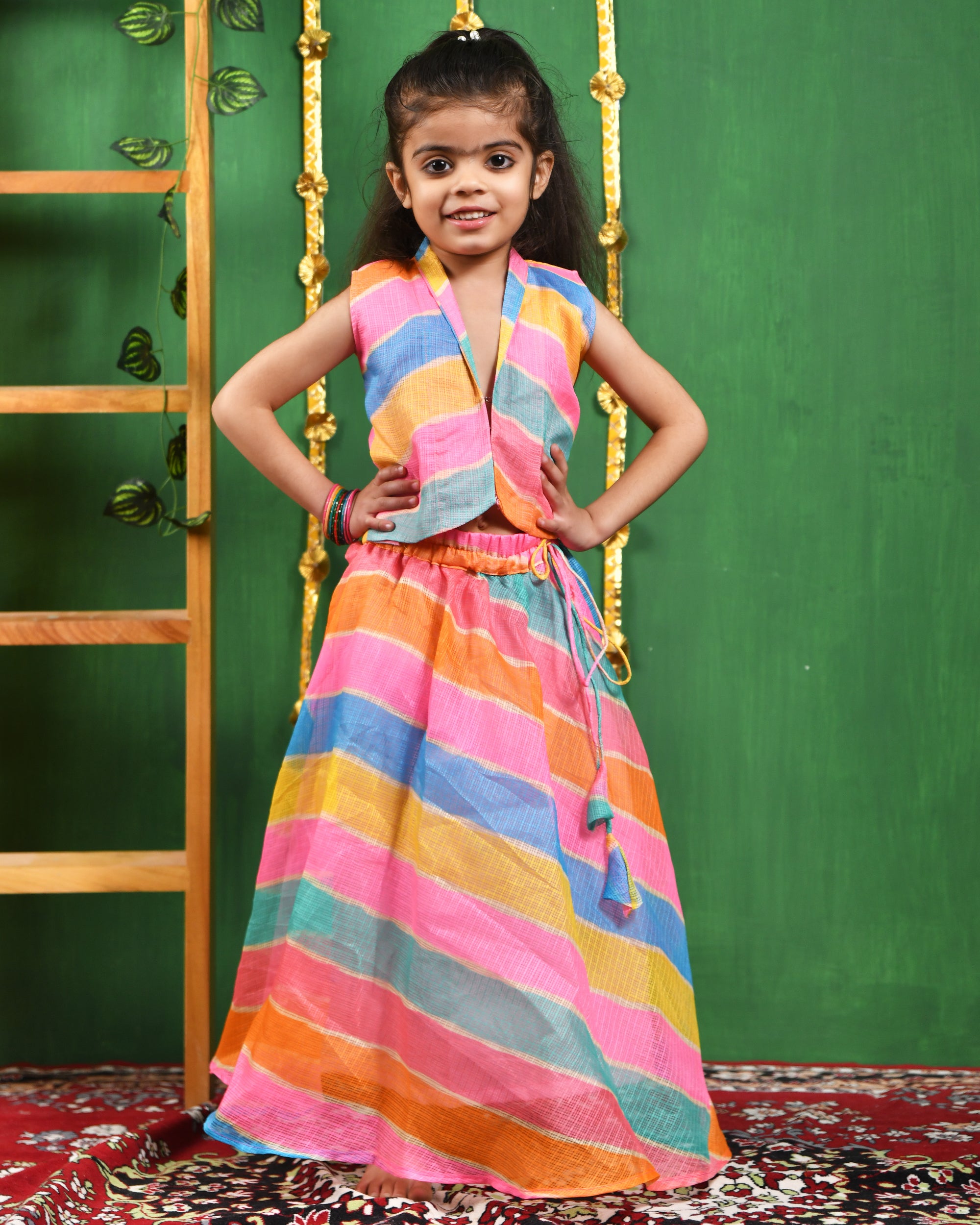 Girl's Multi Leheriya Skirt Top Set