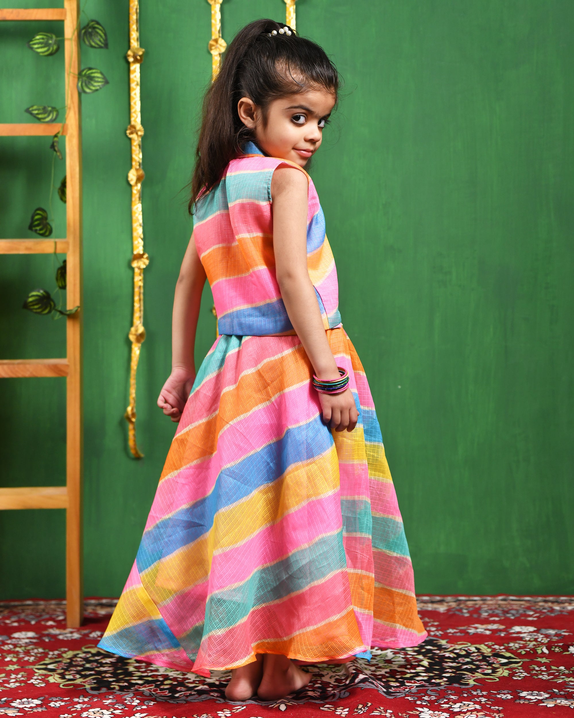 Girl's Multi Leheriya Skirt Top Set