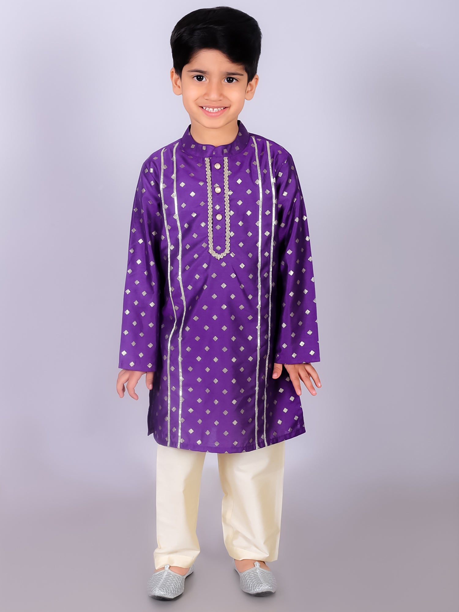 Boy's Ethnic Purple Kurta With Golden Pant Set