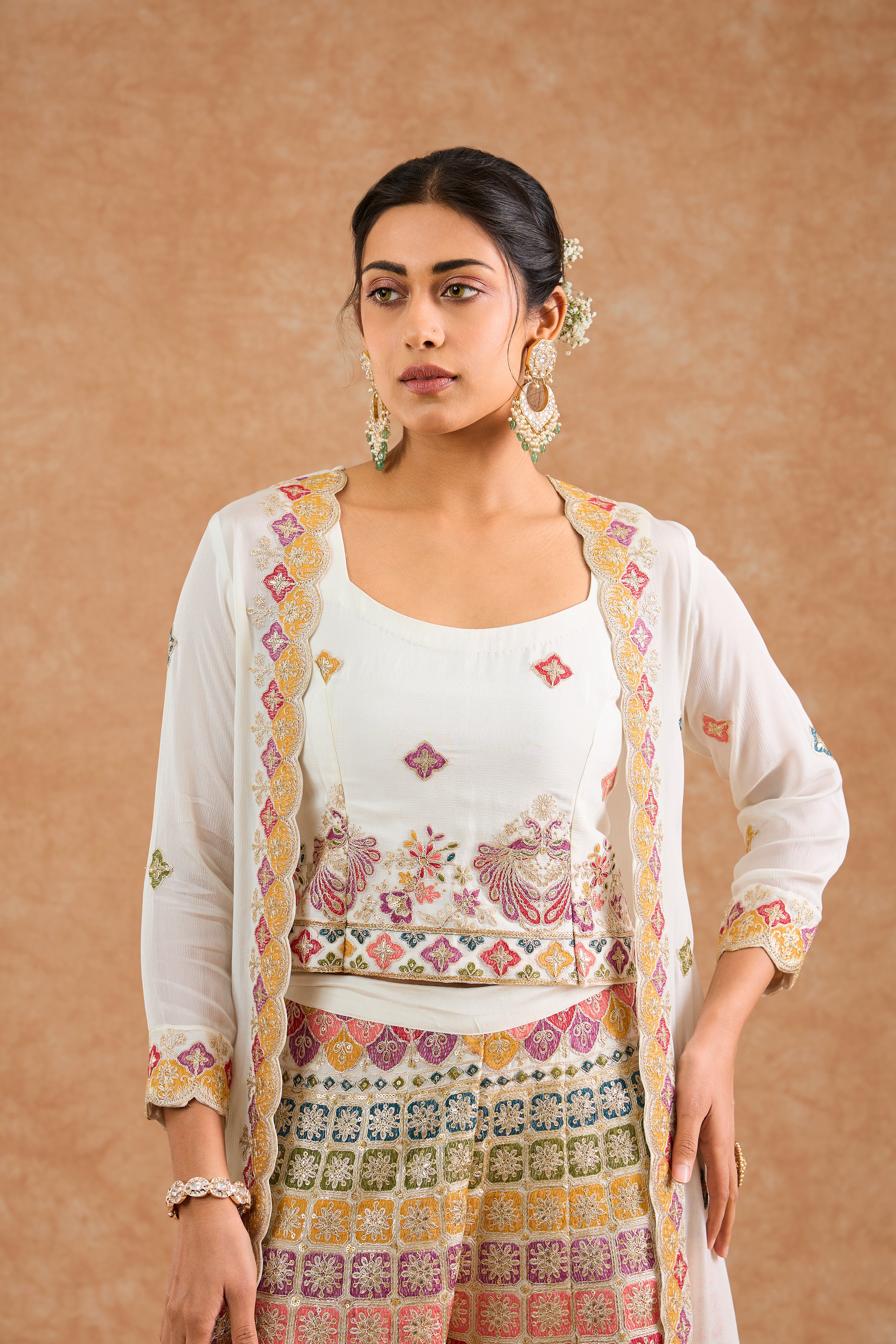 Women's Off White Viscose Floral Straight Sharara Set
