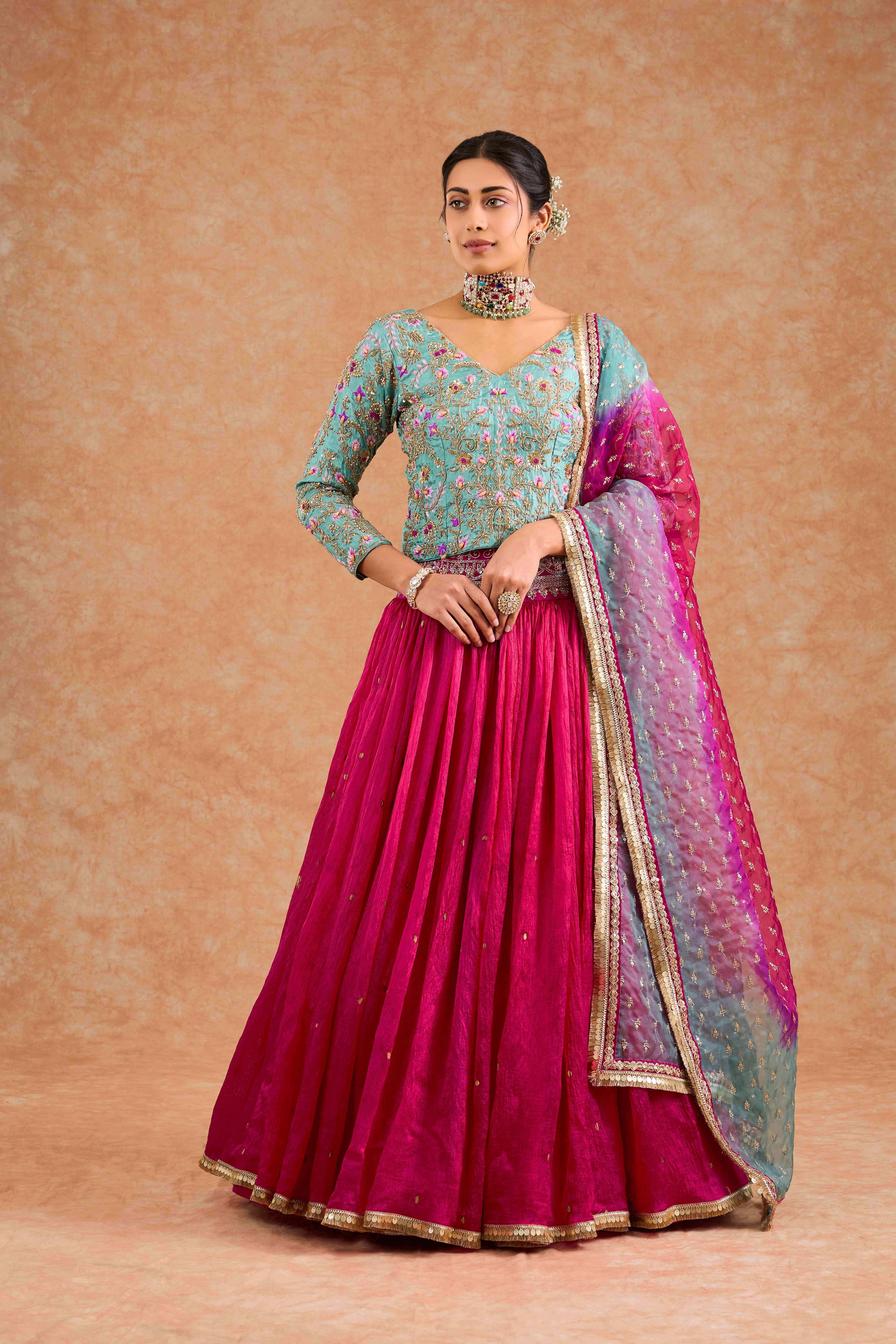 Women's Pink Viscose Silk Floral Straight Lehenga Set