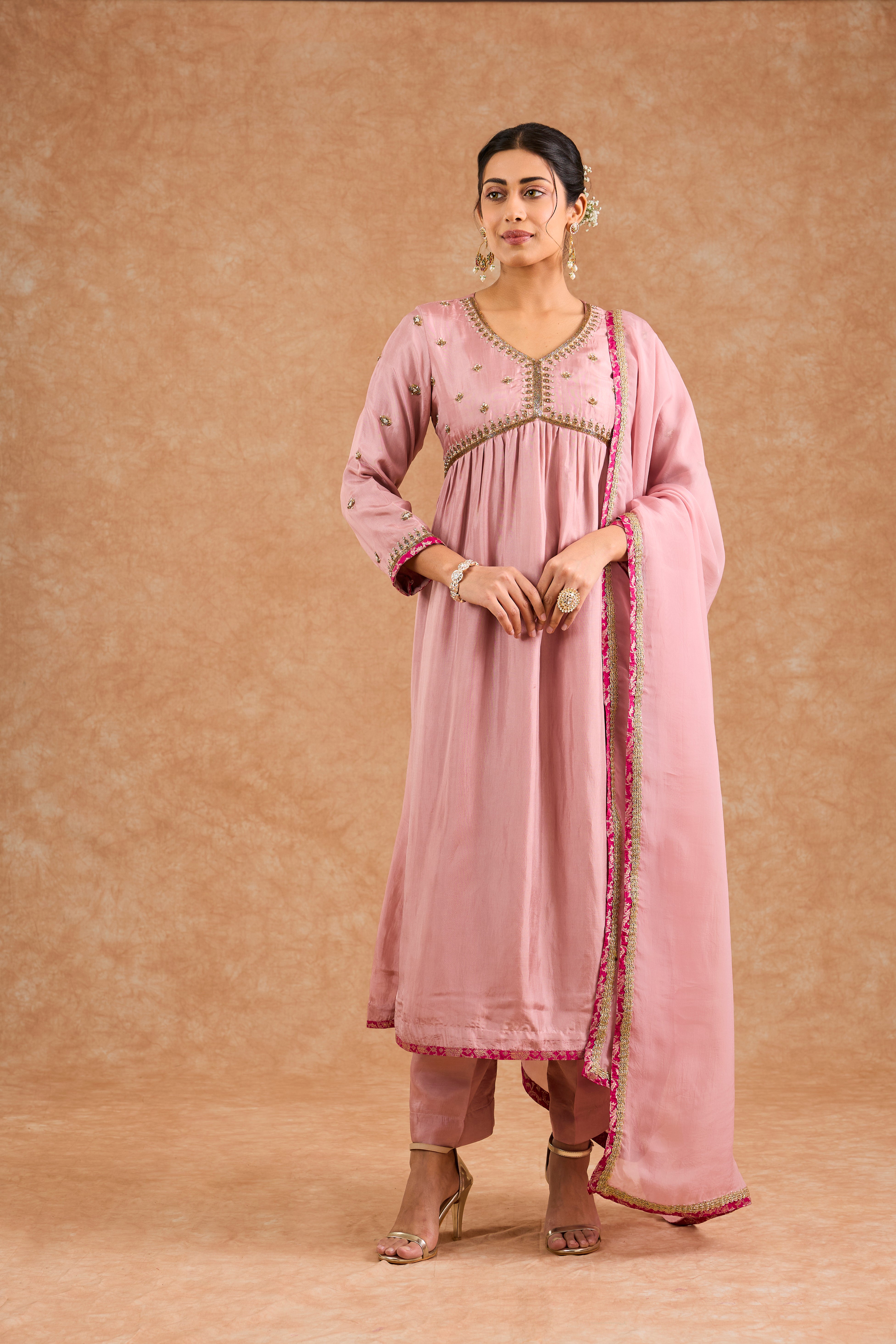 Women's Pink Viscose Opara Silk Floral A-Line Kurta Set