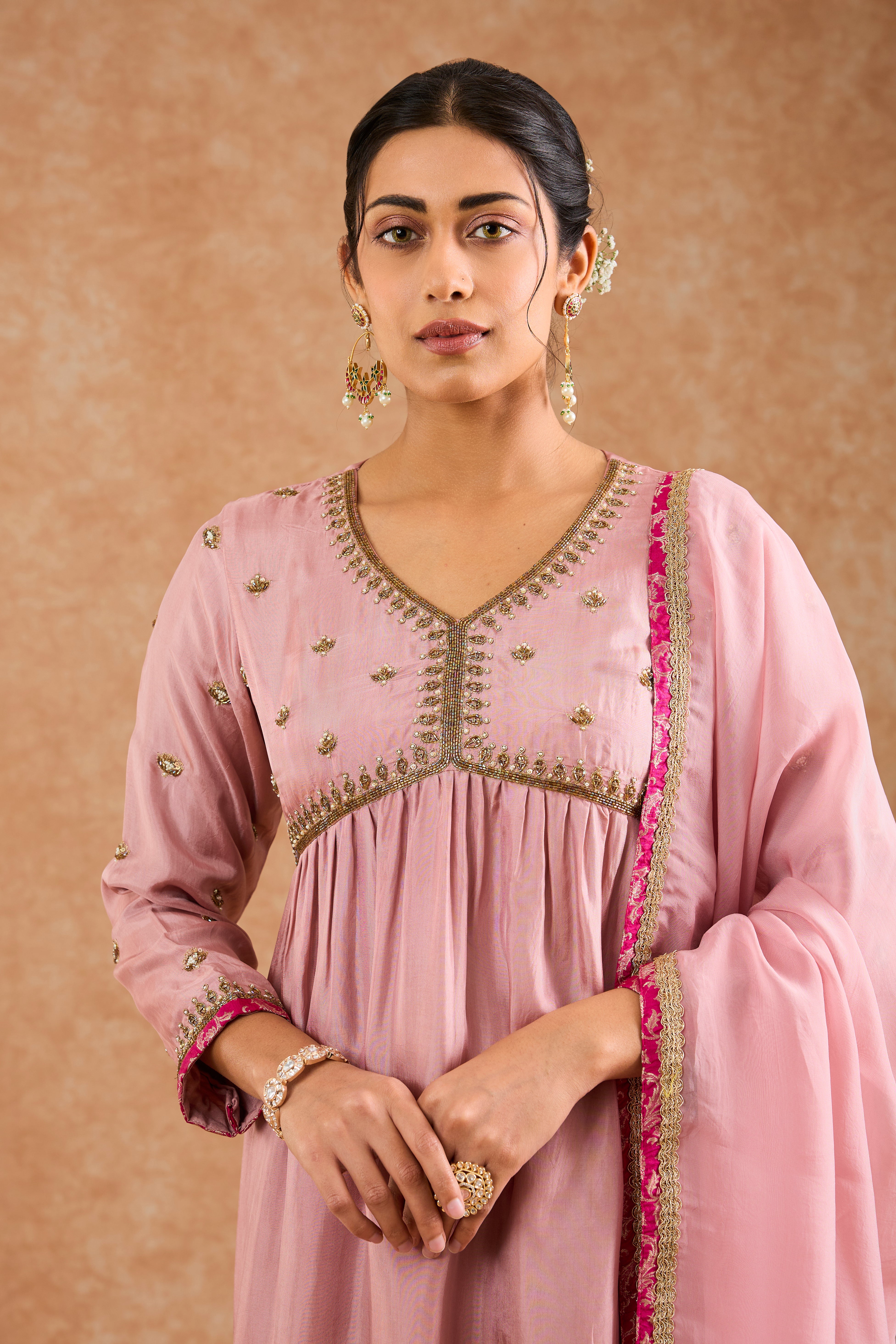 Women's Pink Viscose Opara Silk Floral A-Line Kurta Set