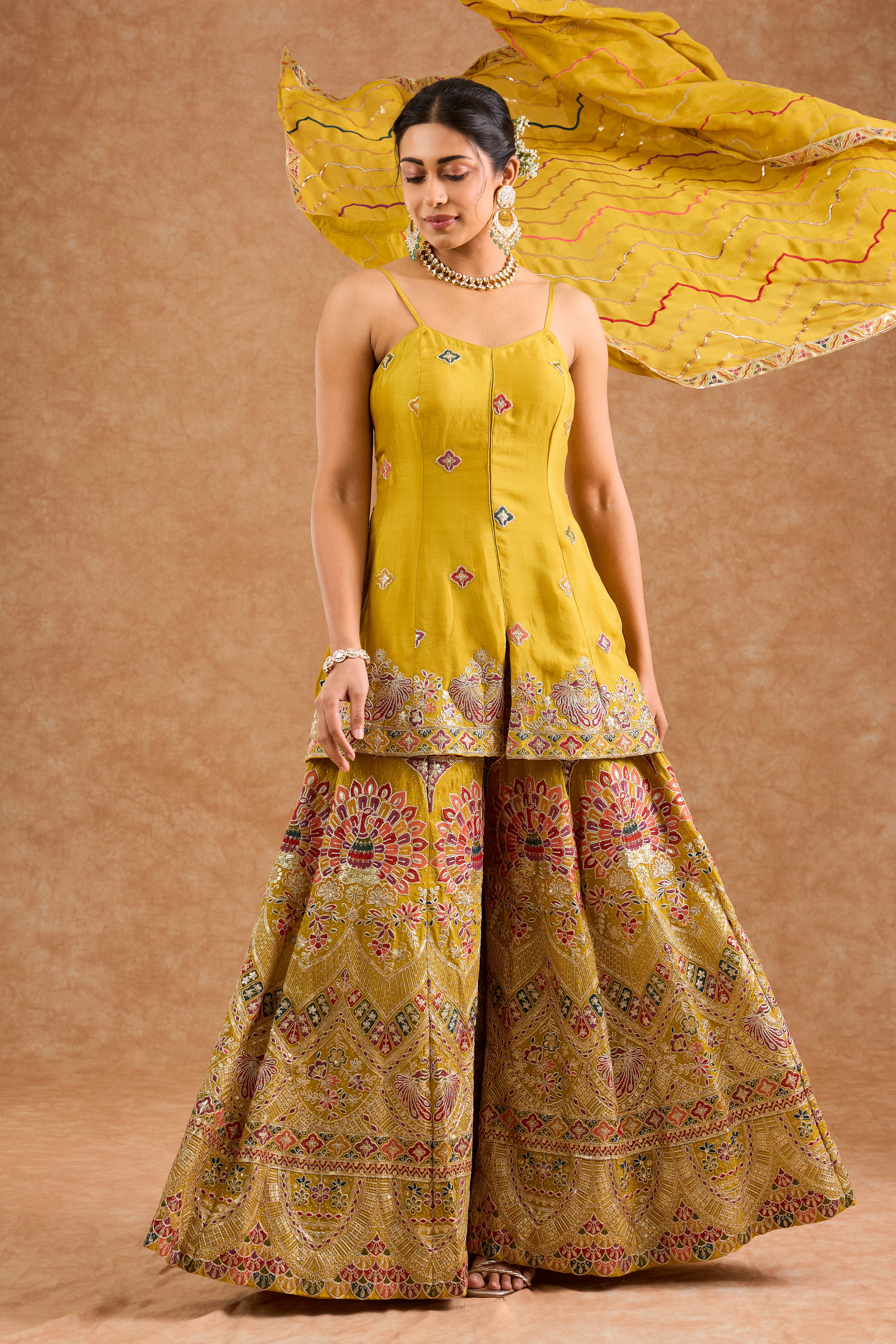 Women's Yellow Viscose Floral A-Line Sharara Set