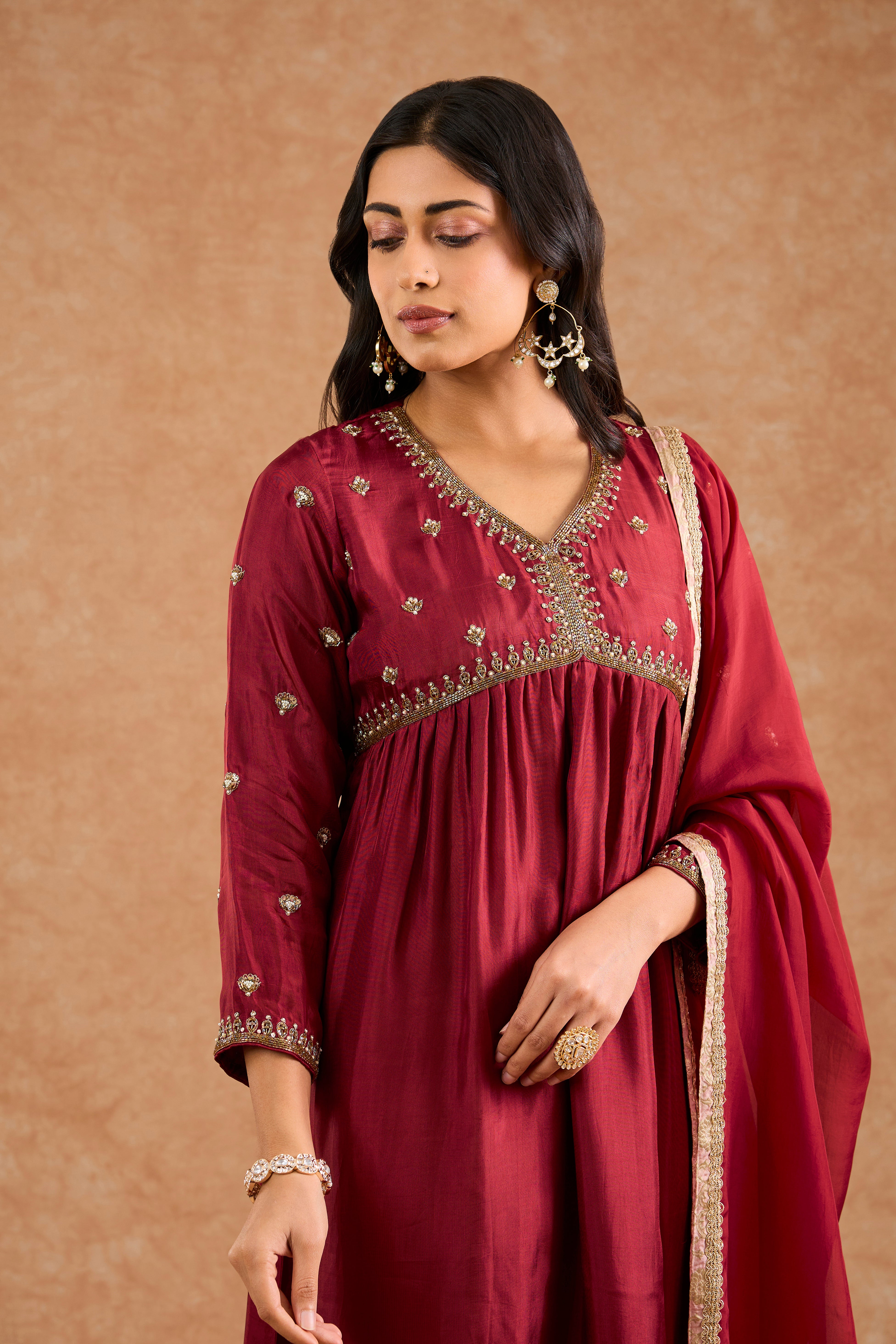 Women's Maroon Viscose Opara Silk Floral A-Line Kurta Set