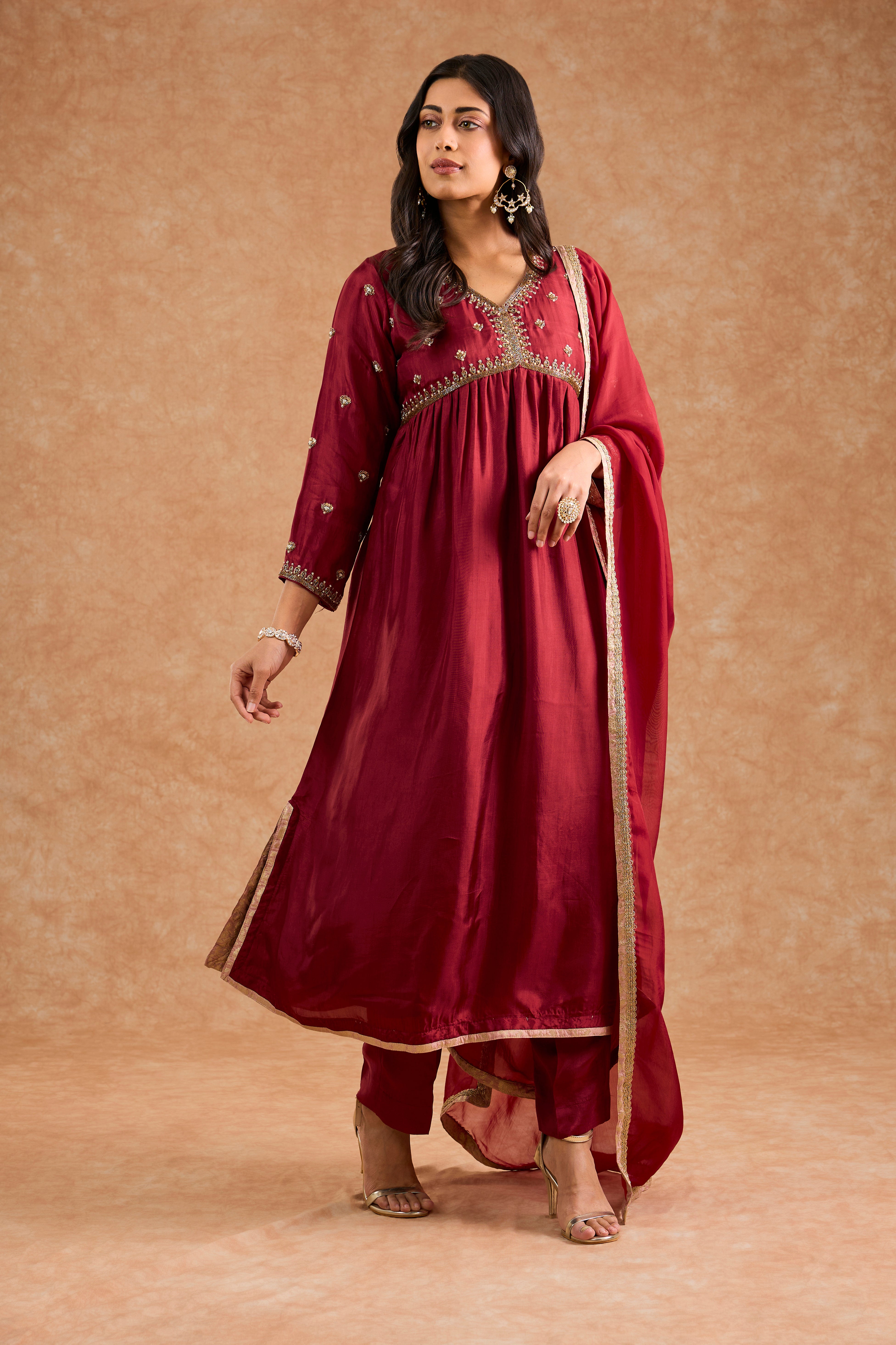 Women's Maroon Viscose Opara Silk Floral A-Line Kurta Set
