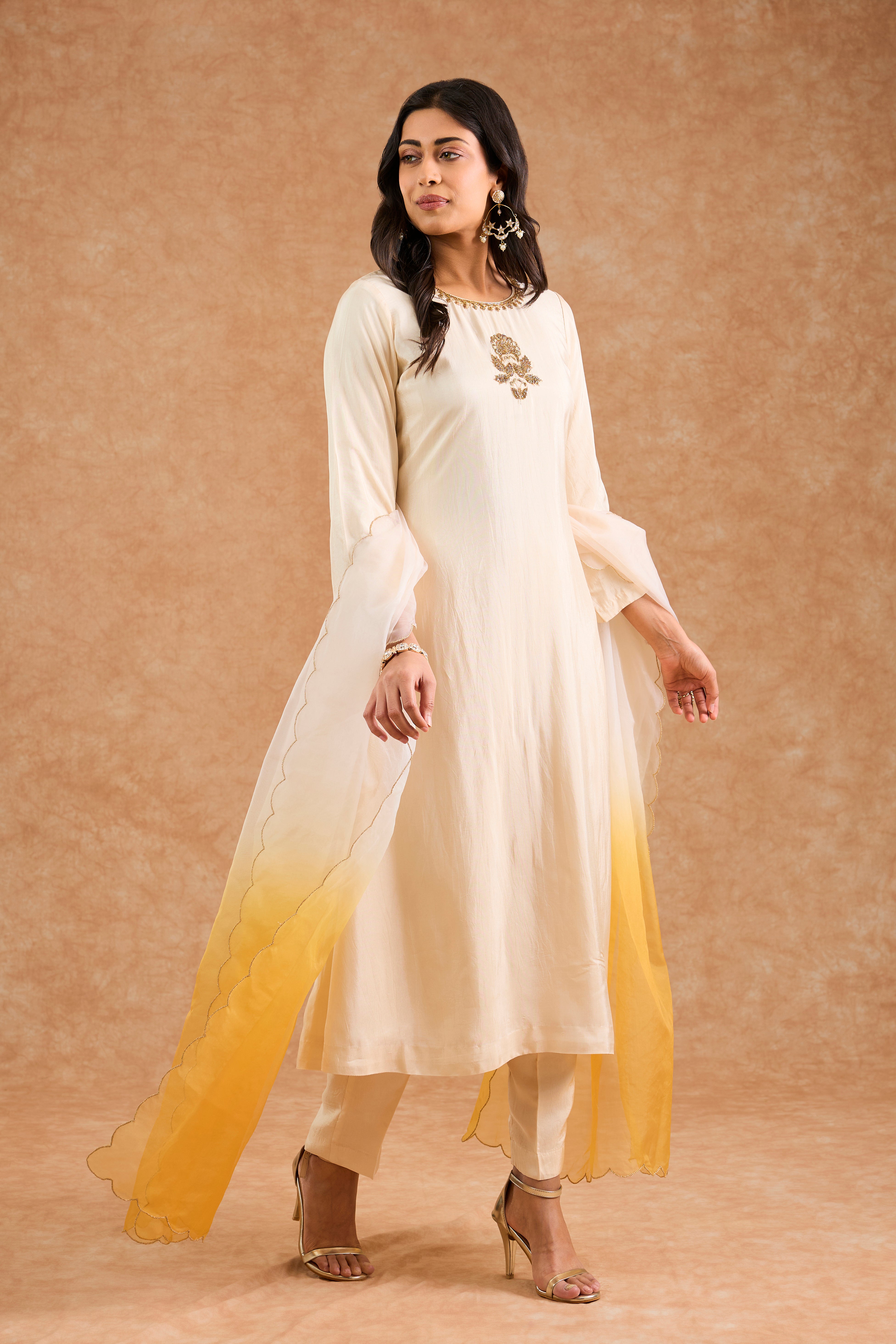 Women's Ivory Viscose Opara Silk Floral Straight Kurta Set