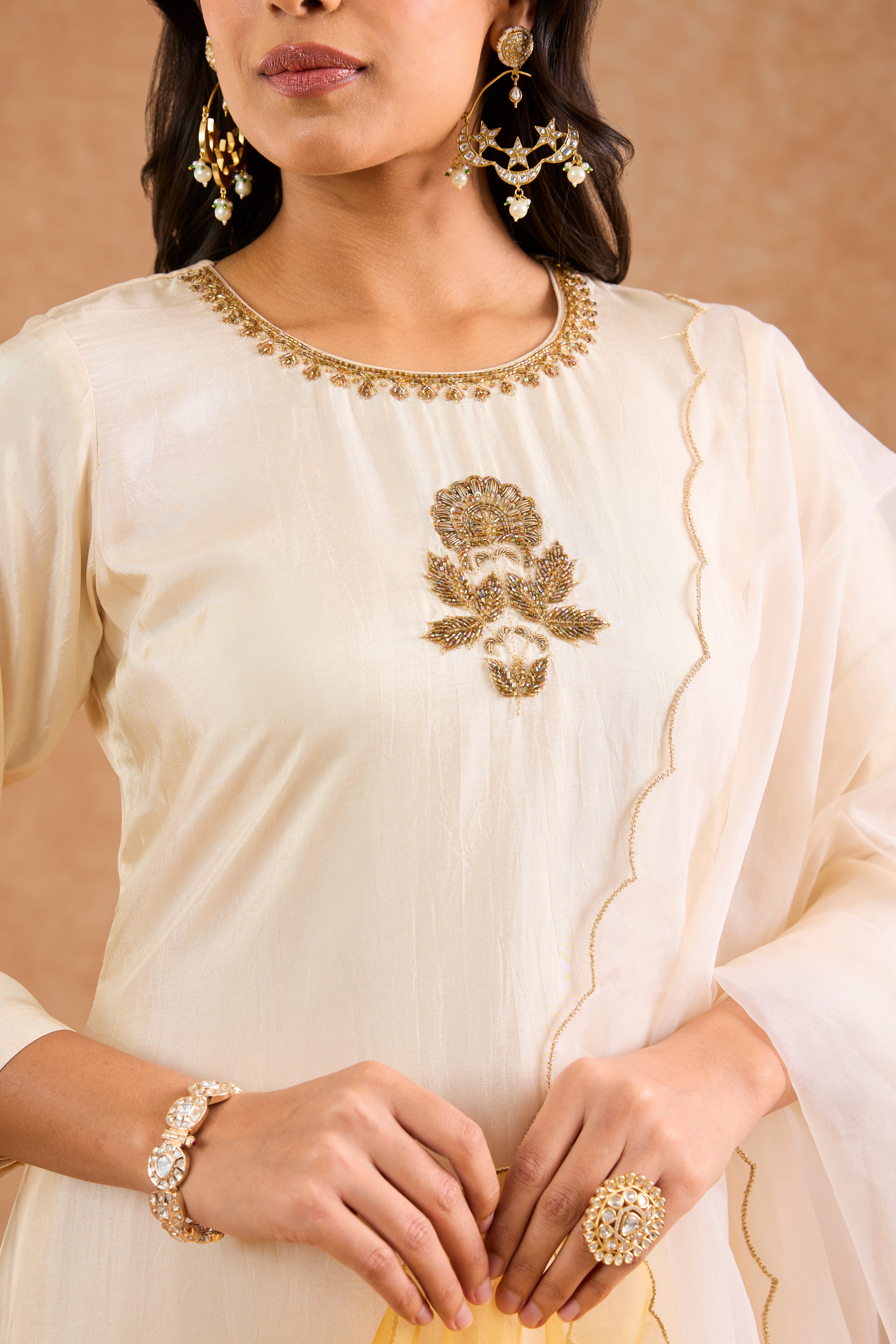Women's Ivory Viscose Opara Silk Floral Straight Kurta Set