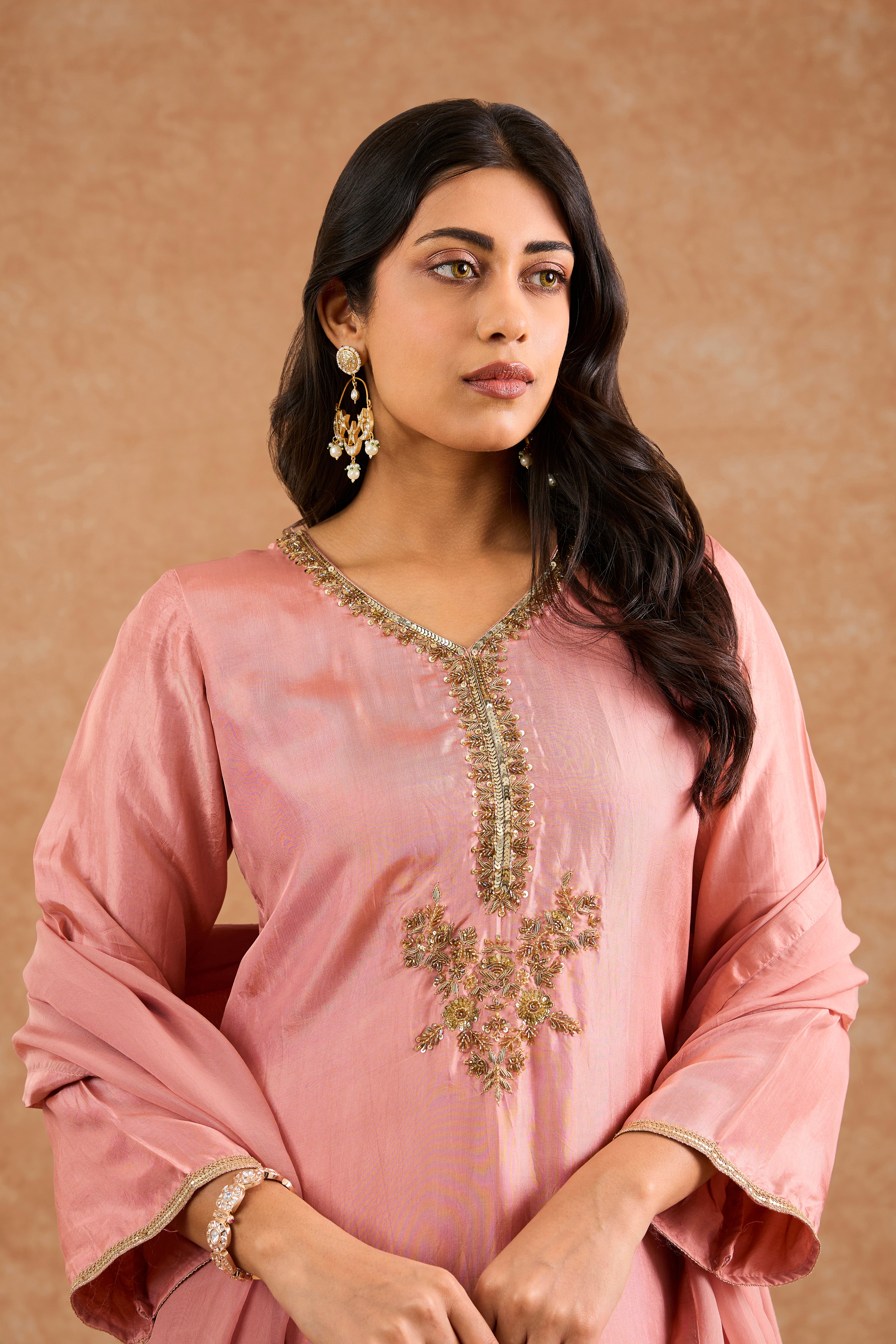 Women's Peach Viscose Opara Silk Floral A-Line Kurta Set