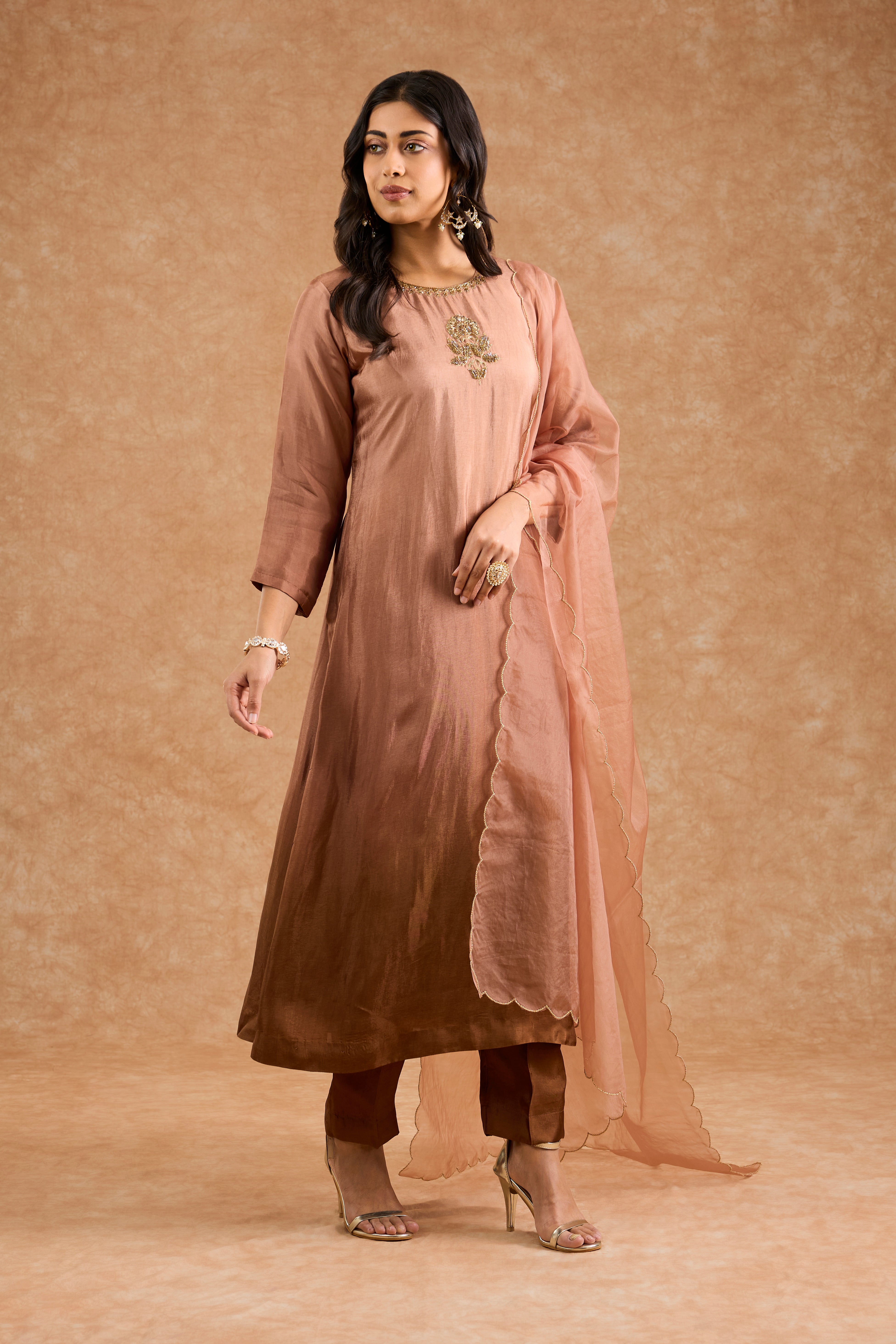 Women's Brown Viscose Opara Silk Floral A-Line Kurta Set