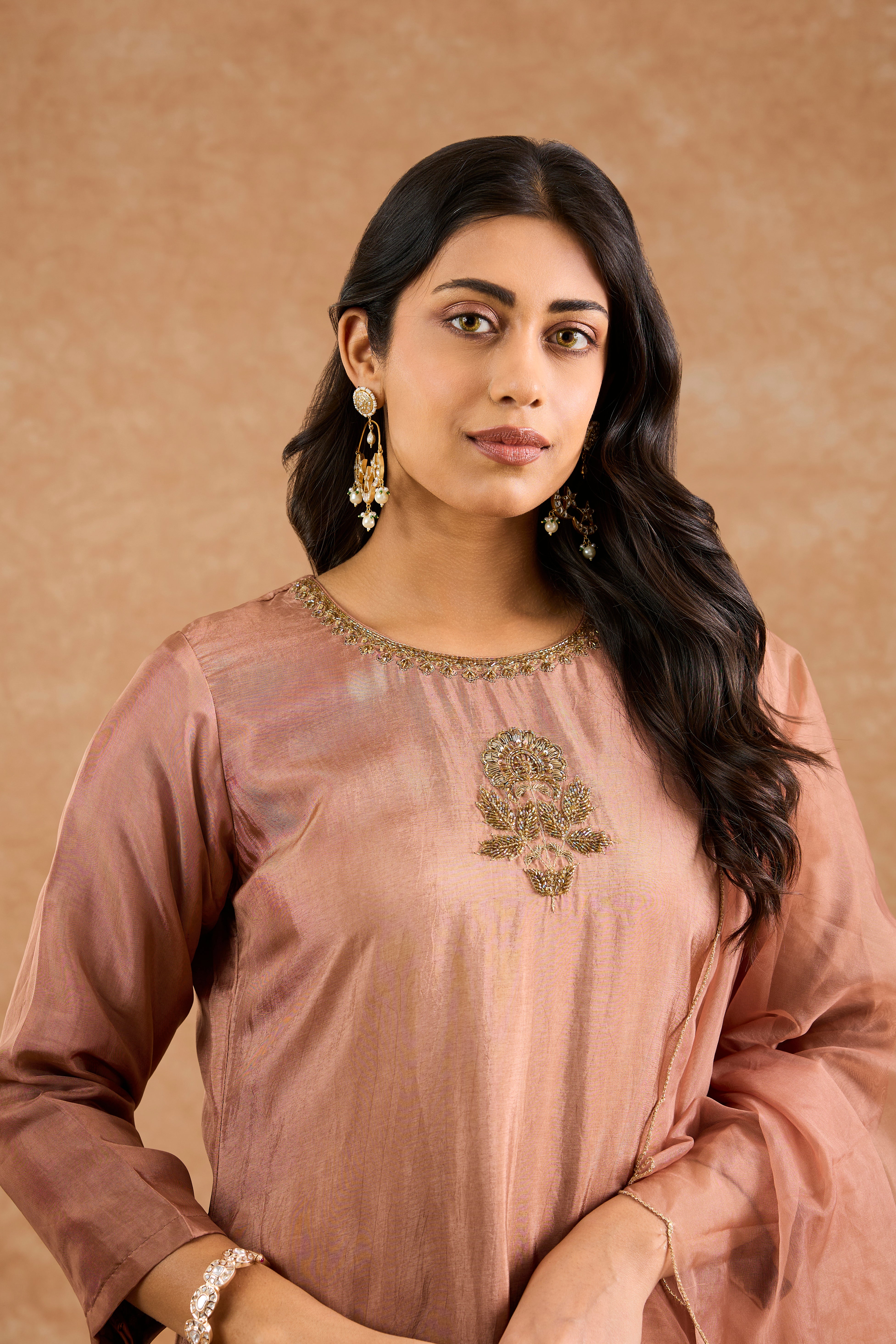 Women's Brown Viscose Opara Silk Floral A-Line Kurta Set