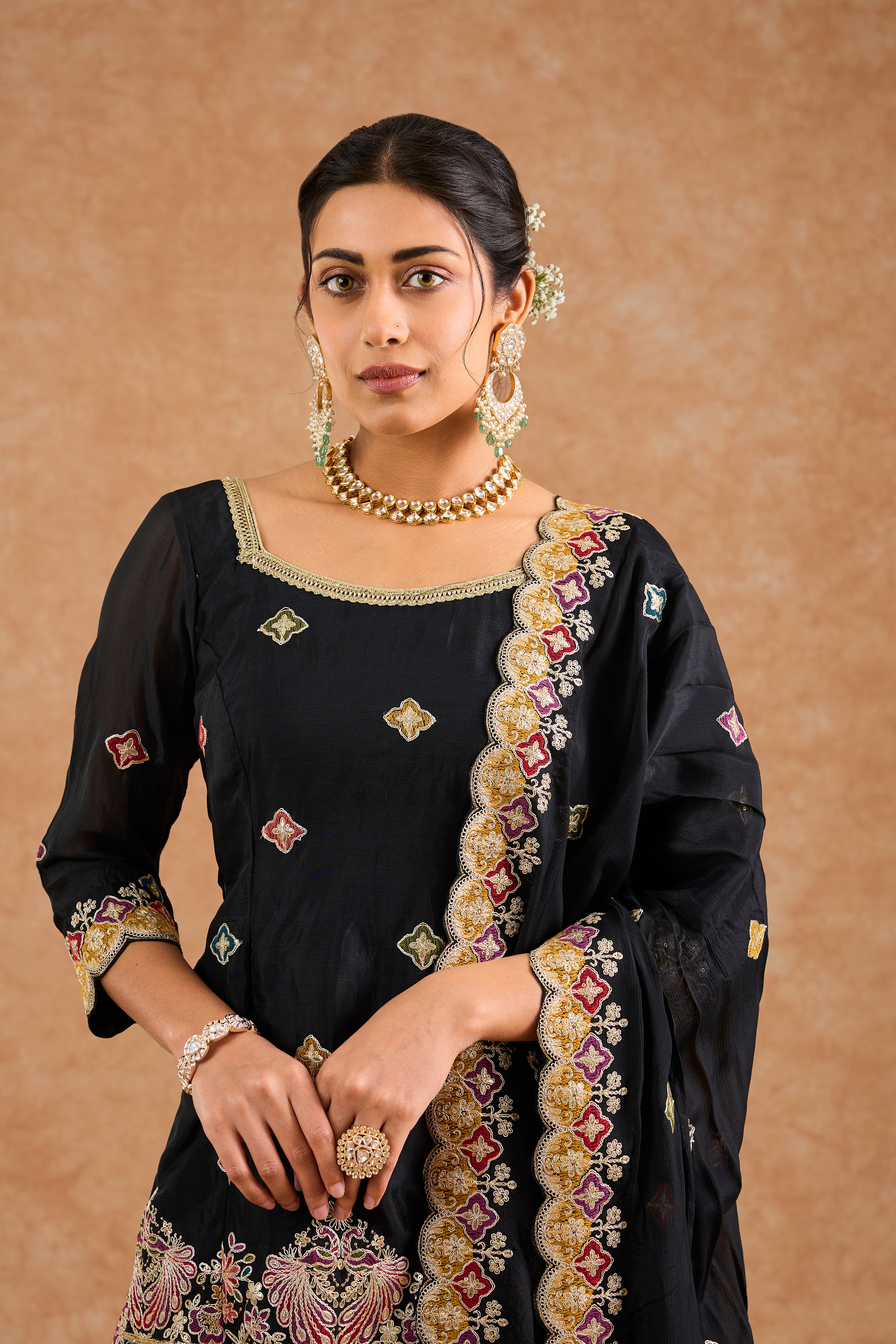 Women's Black Viscose Floral Straight Sharara Set