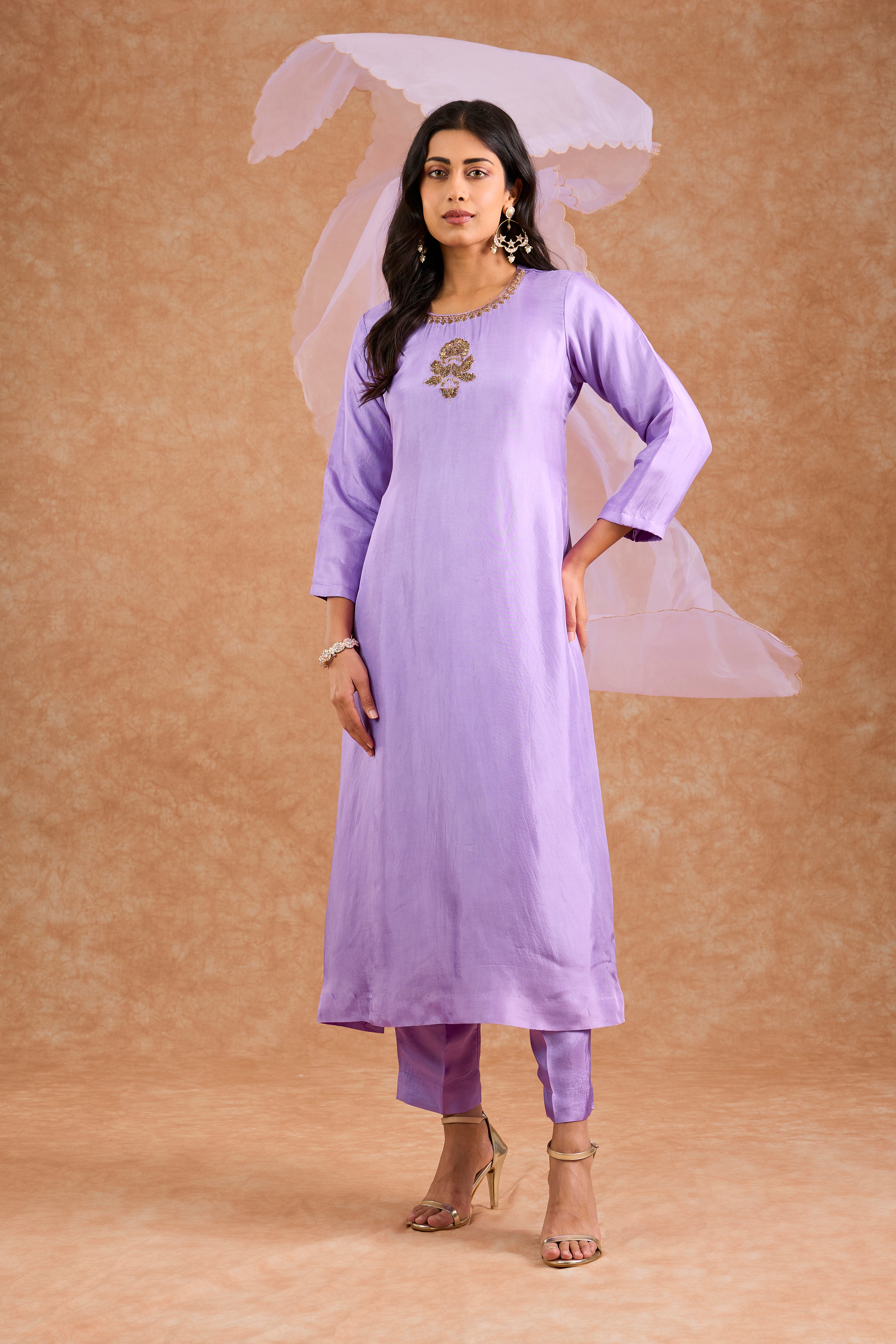 Women's Purple Viscose Opara Silk Floral A-Line Kurta Set
