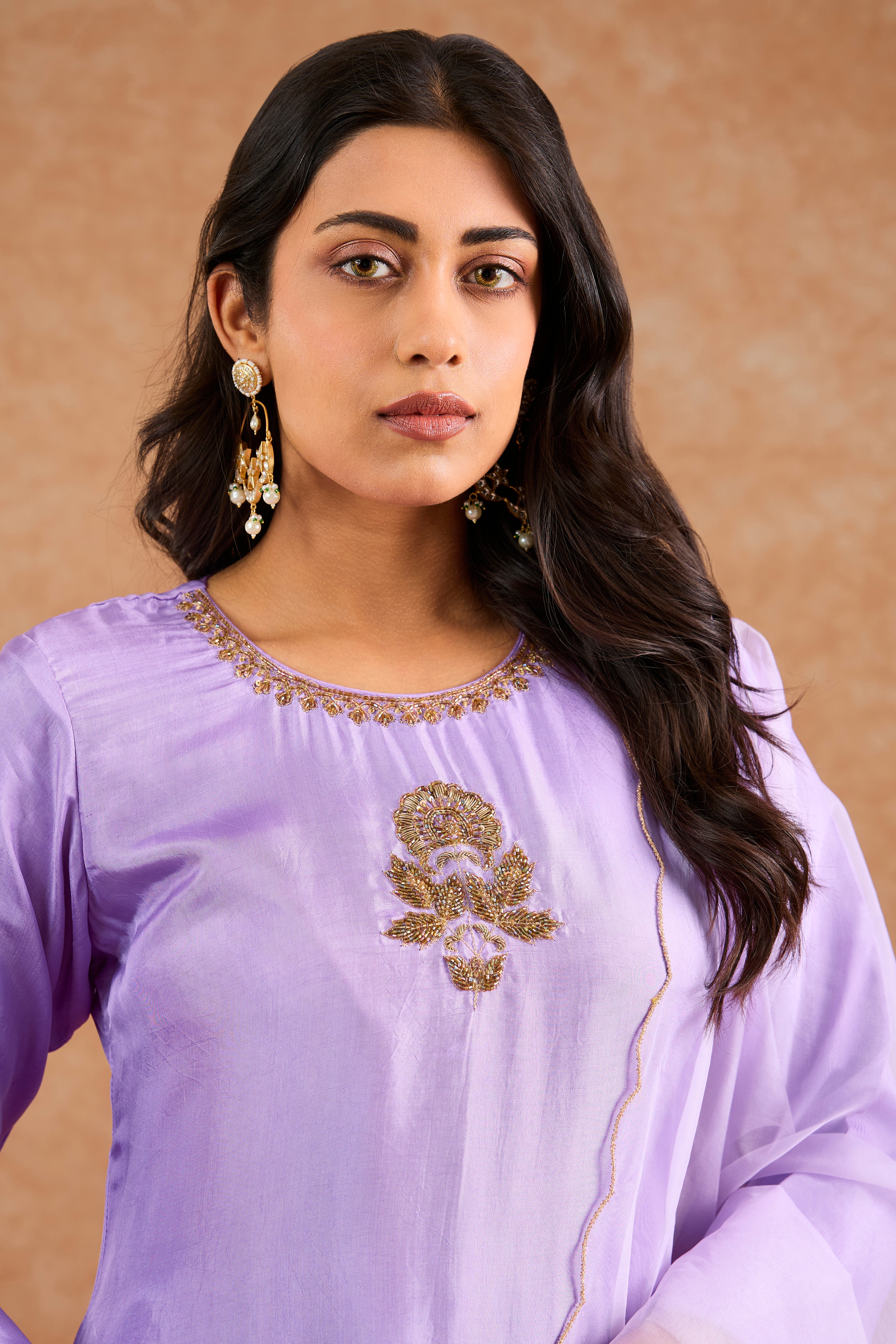 Women's Purple Viscose Opara Silk Floral A-Line Kurta Set