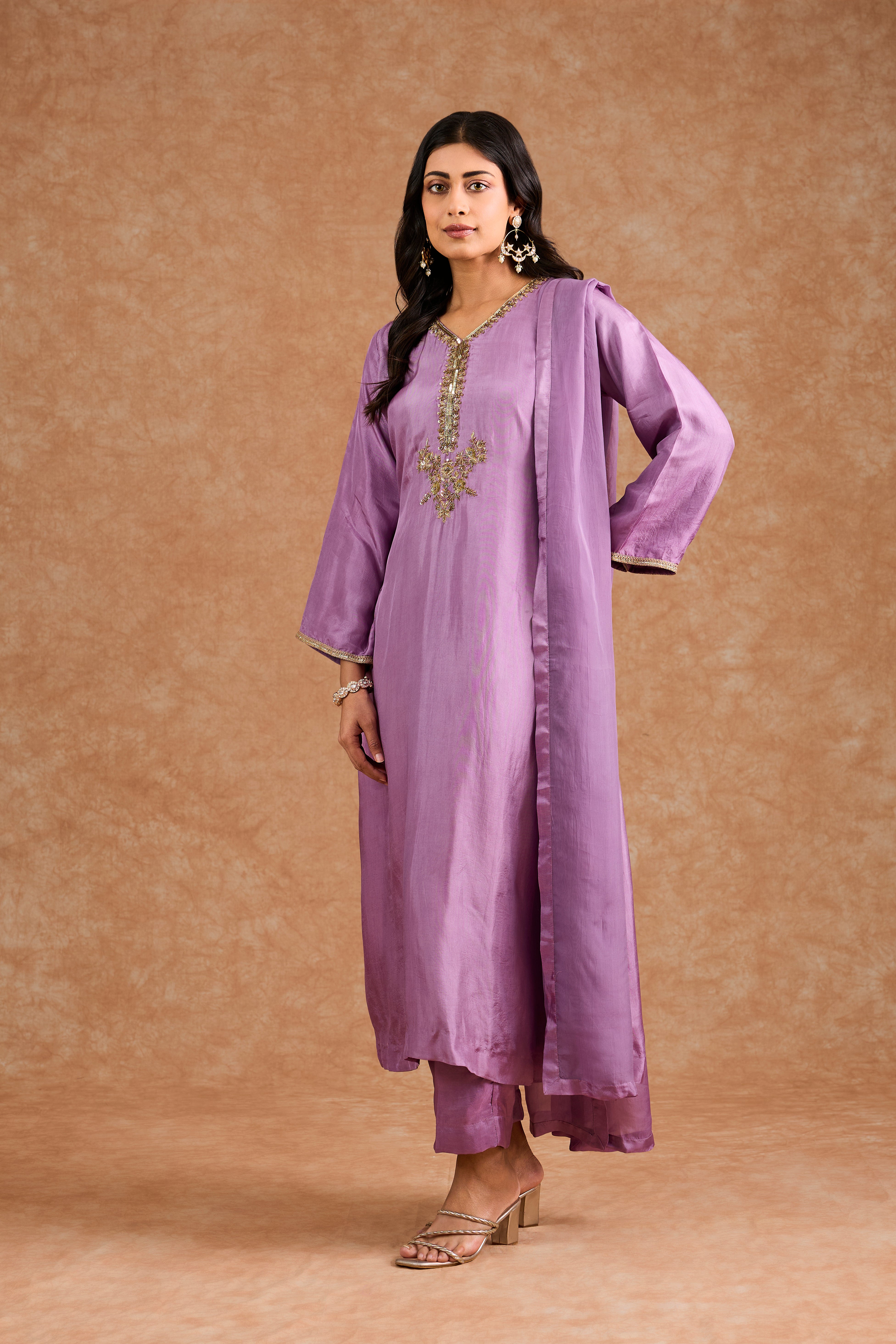 Women's Purple Viscose Opara Silk Floral A-Line Kurta Set