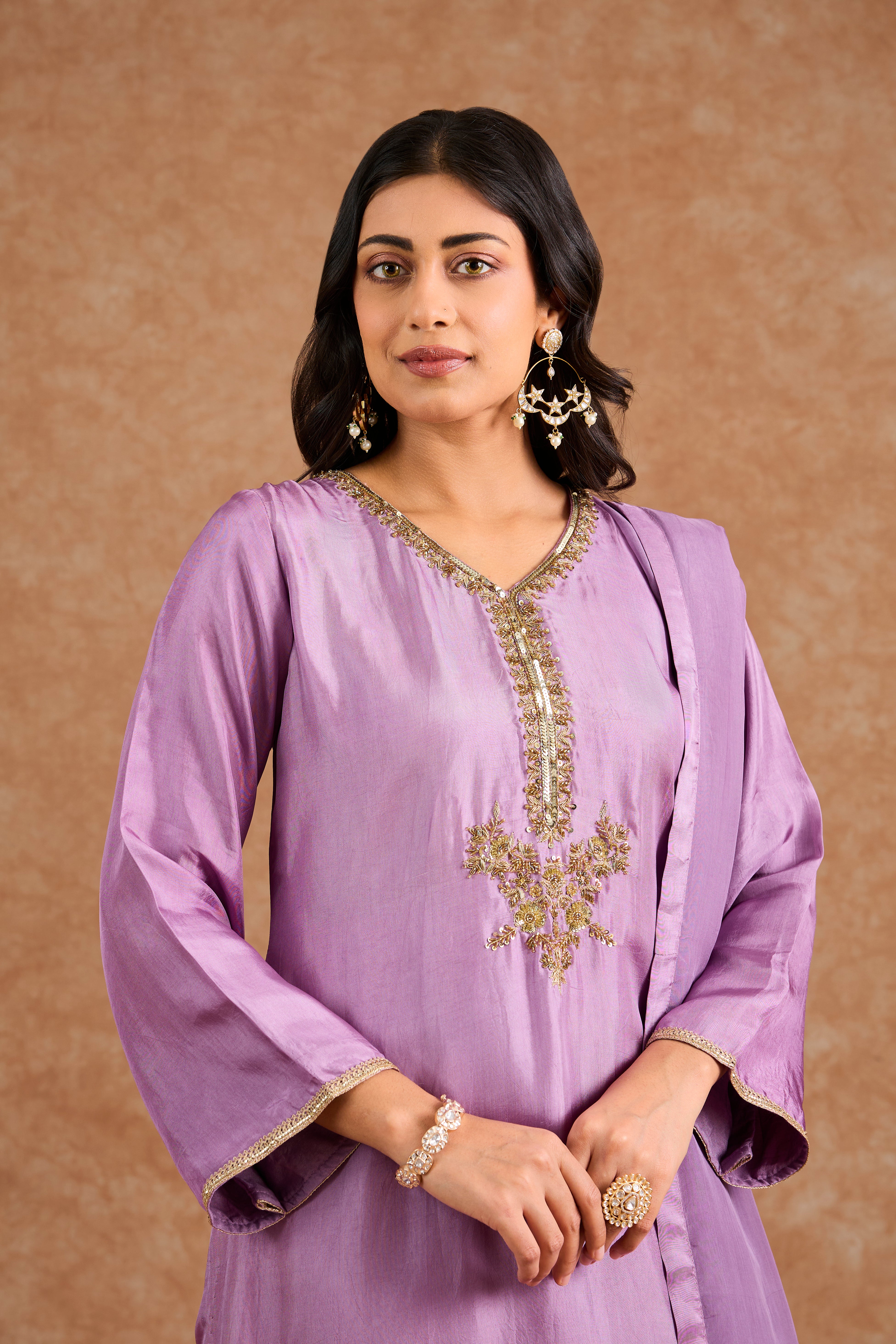 Women's Purple Viscose Opara Silk Floral A-Line Kurta Set