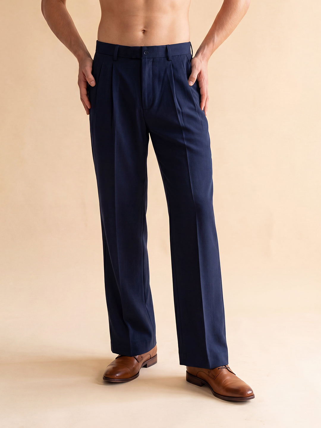 Men's Blue Modal Pleated Straight Trouser