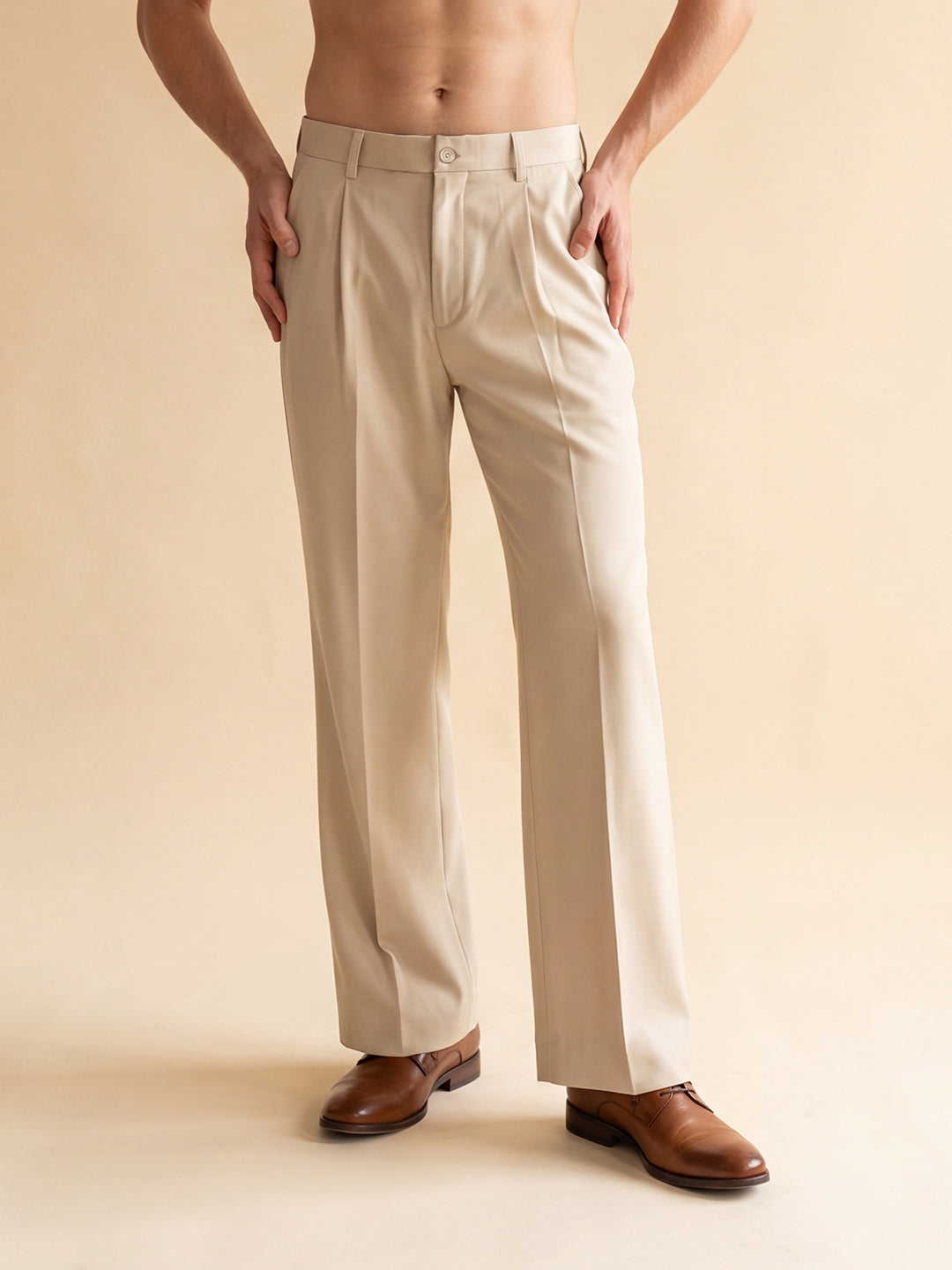 Men's Cream Modal Pleated Straight Trouser