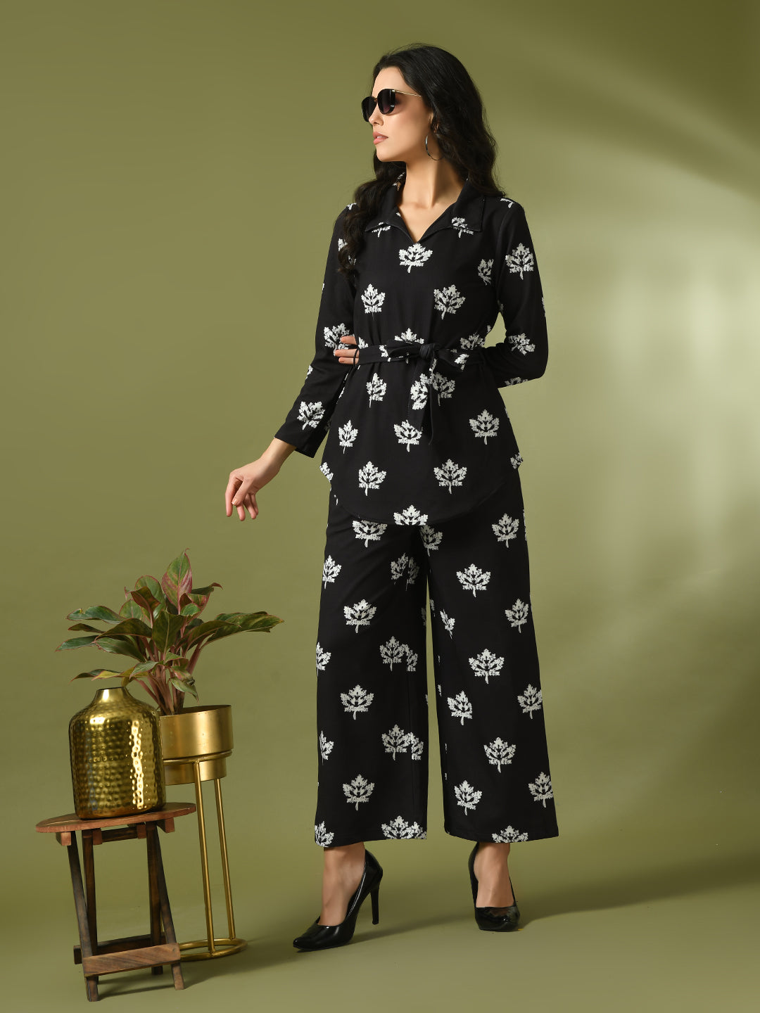 Women's  Black Printed Polo Collar Party Top With Trousers Co-Ord Set