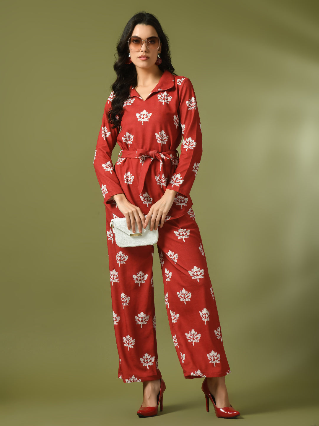 Women's  Rust Printed Polo Collar Party Top With Trousers Co-Ord Set