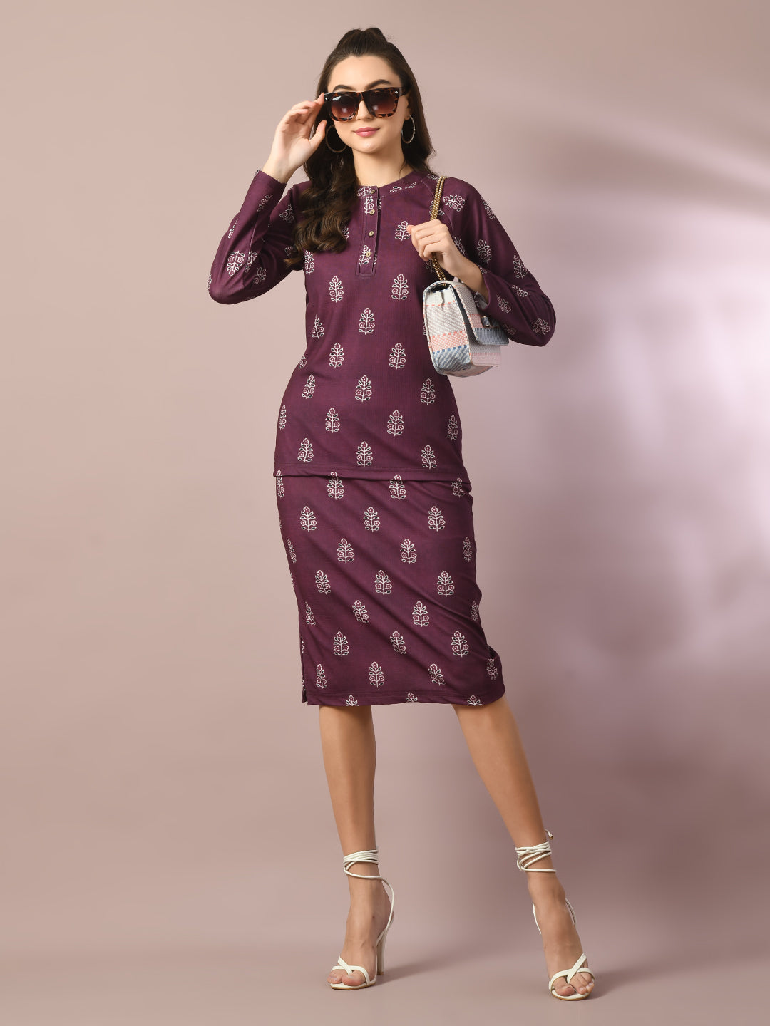 Women's  Magenta Printed Round Neck Party Top With Skirt Co-Ord Set
