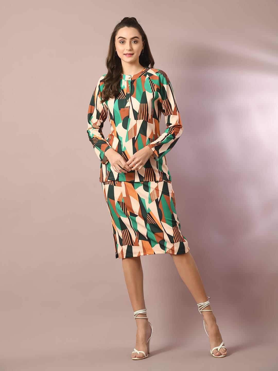 Women's  Multi Printed Round Neck Party Top With Skirt Co-Ord Set