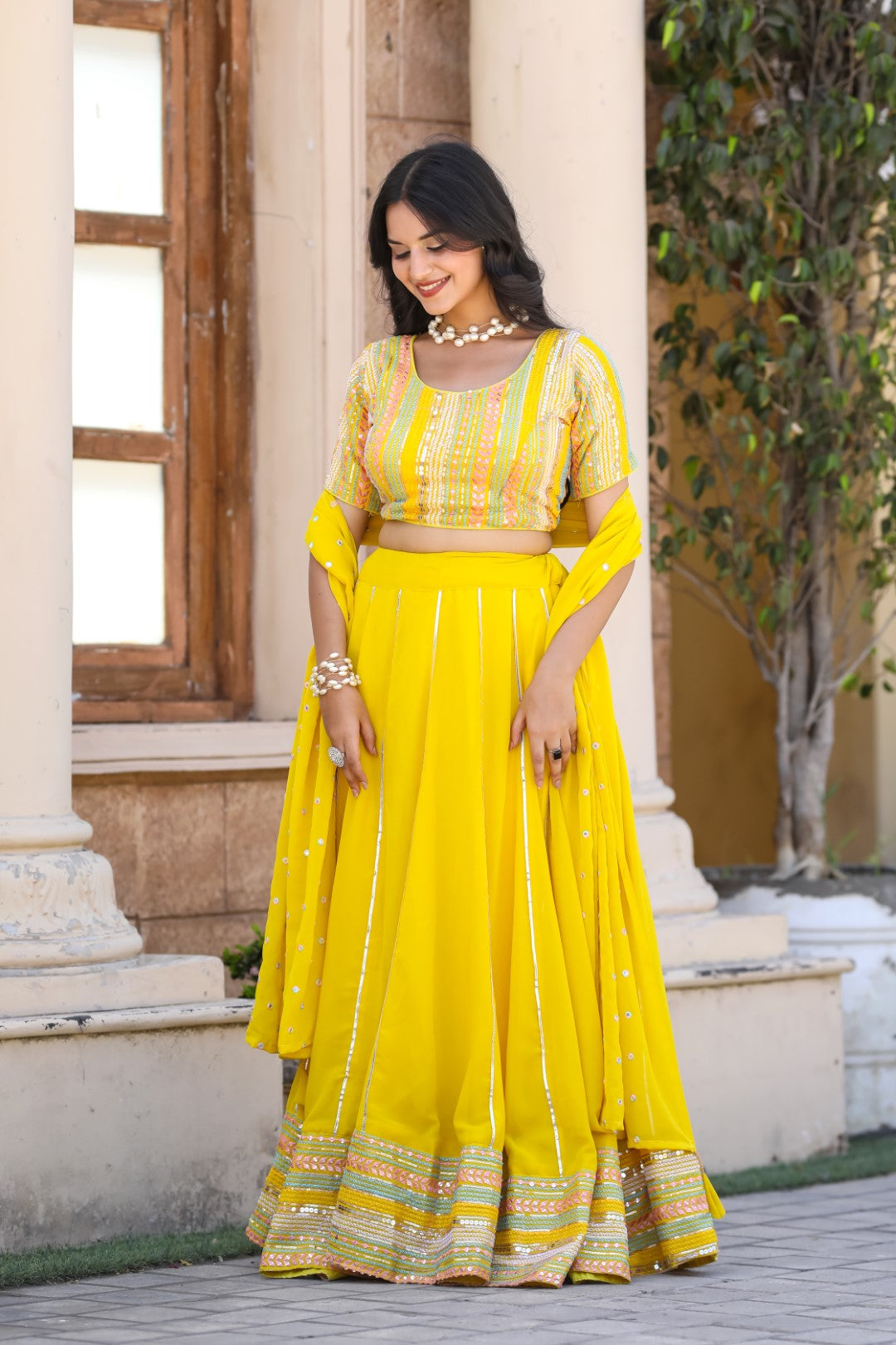 Women's Yellow Georgette Heavy Sequins Embroidery Lehenga Set