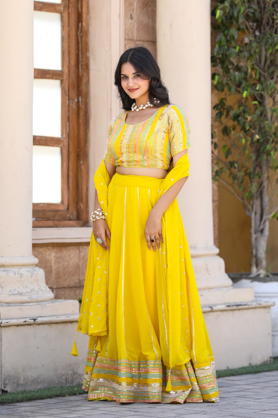 Women's Yellow Georgette Heavy Sequins Embroidery Lehenga Set
