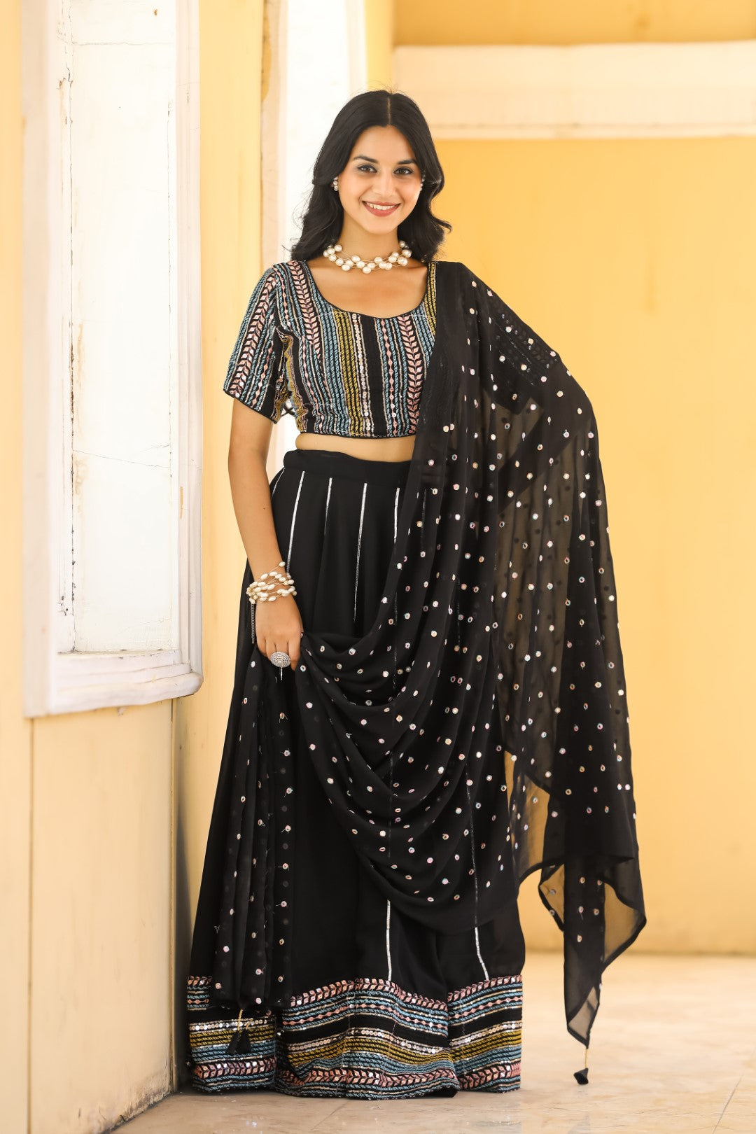 Women's Black Georgette Heavy Sequins Embroidery Lehenga Set