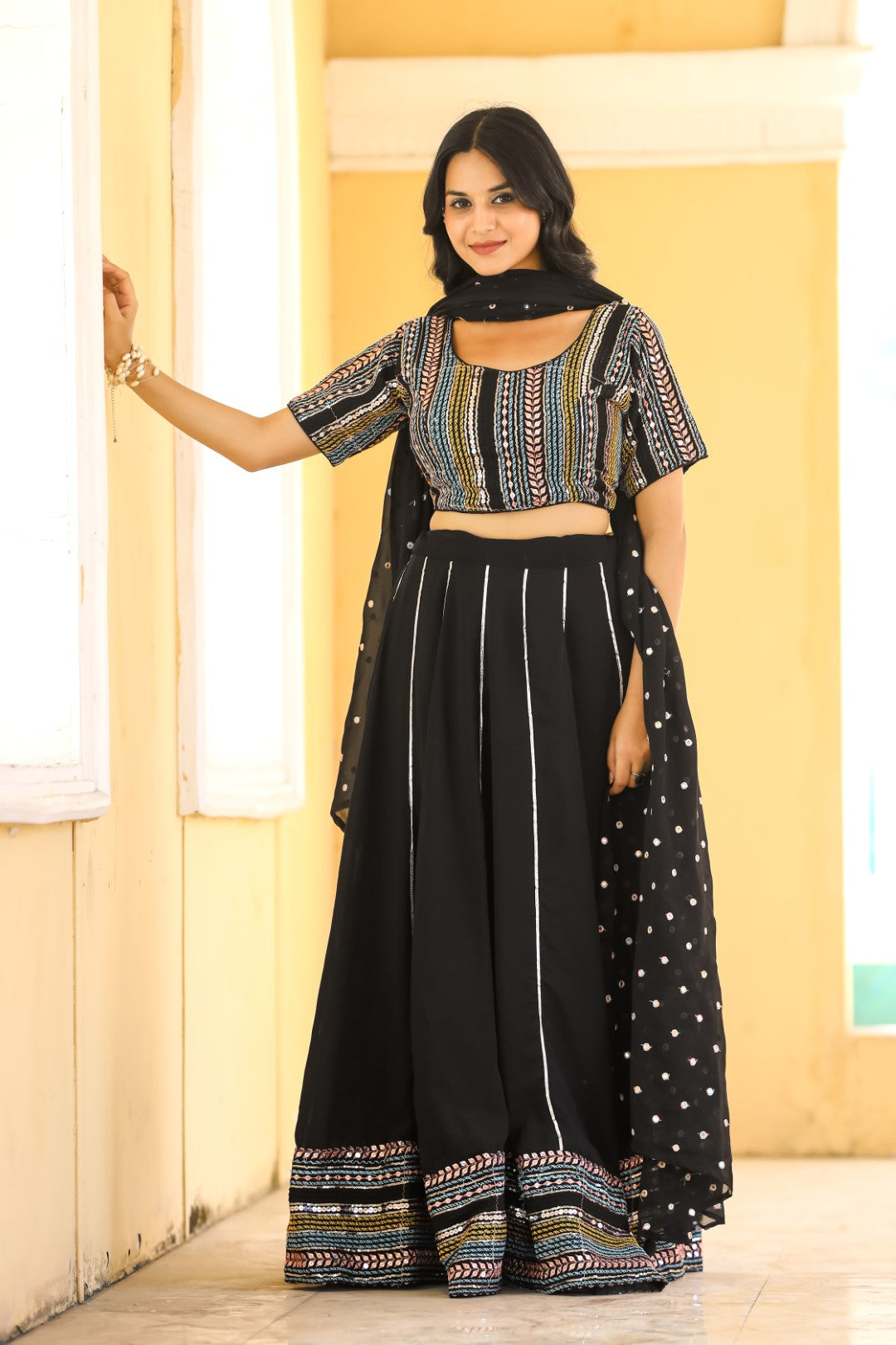 Women's Black Georgette Heavy Sequins Embroidery Lehenga Set