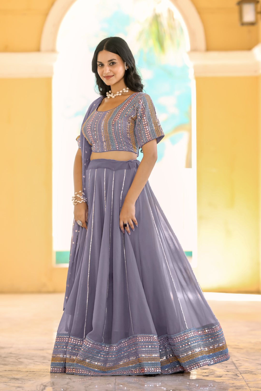 Women's Purple Georgette Heavy Sequins Embroidery Lehenga Set