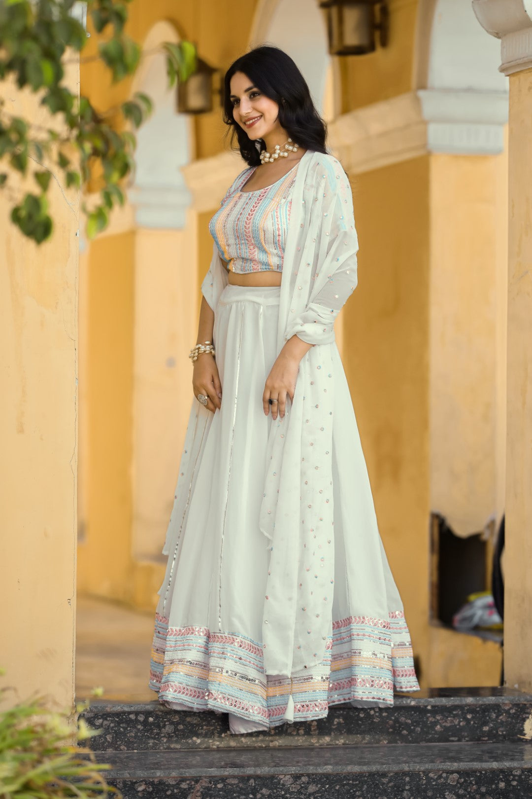 Women's White Georgette Heavy Sequins Embroidery Lehenga Set