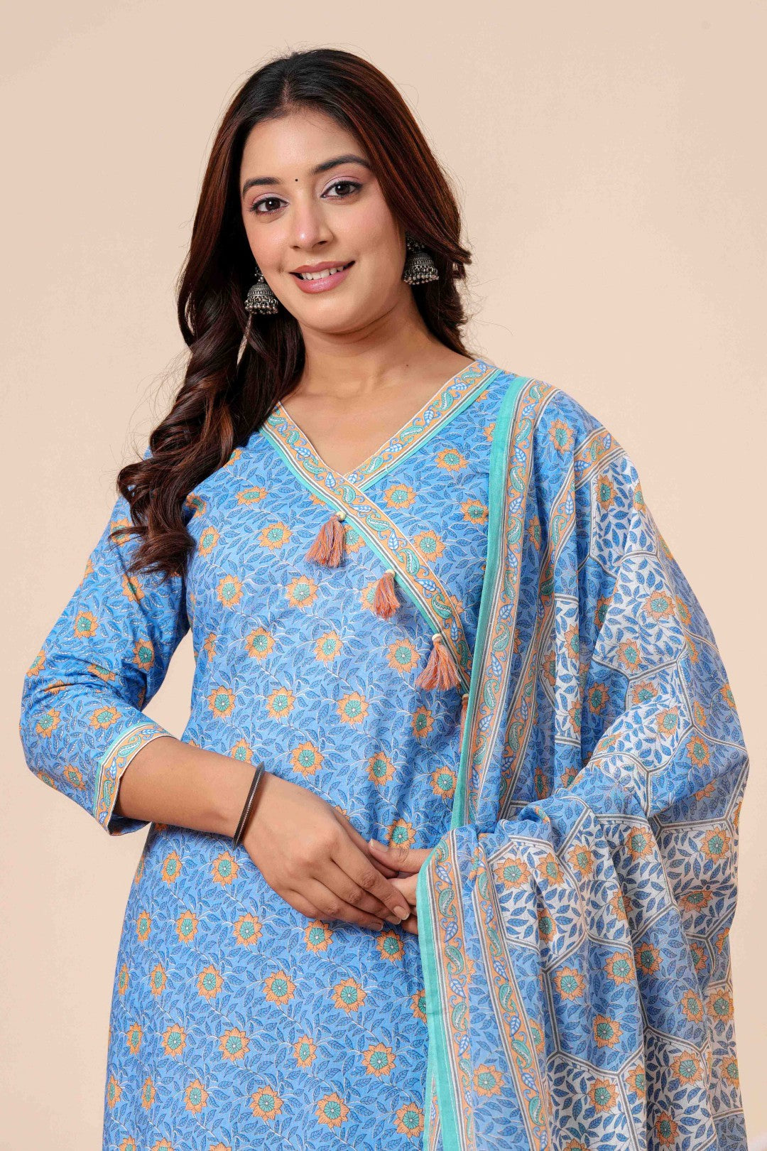 Women's Blue Angrakha Printed Cotton Kurta Pant And Dupatta Set