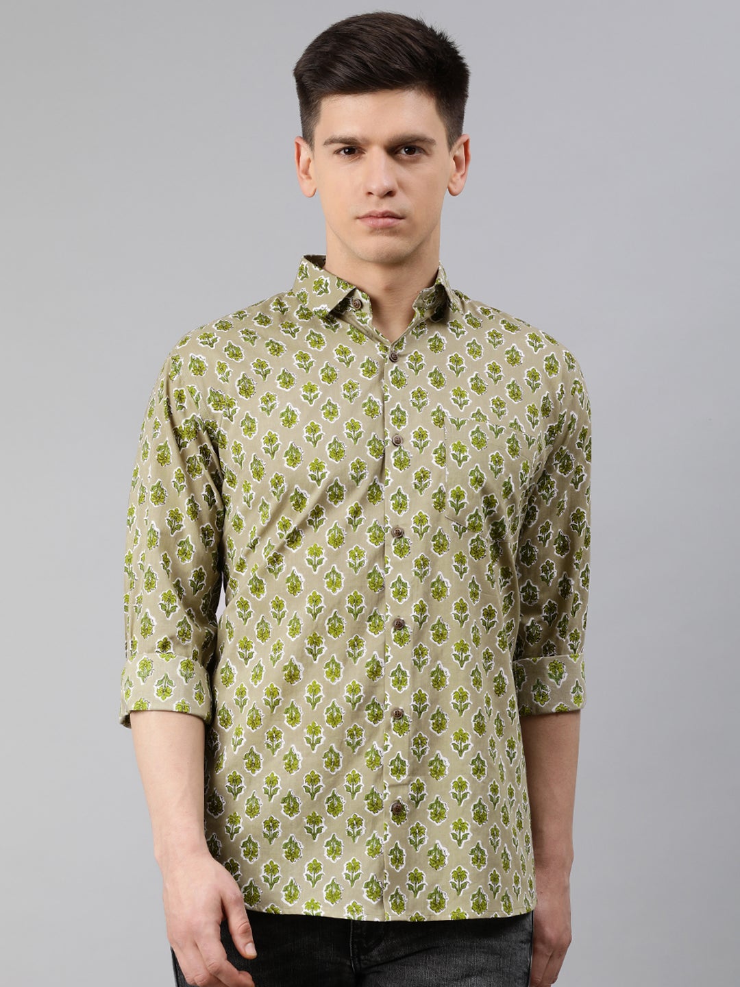Men's Green Cotton Full Sleeves Shirts For Men