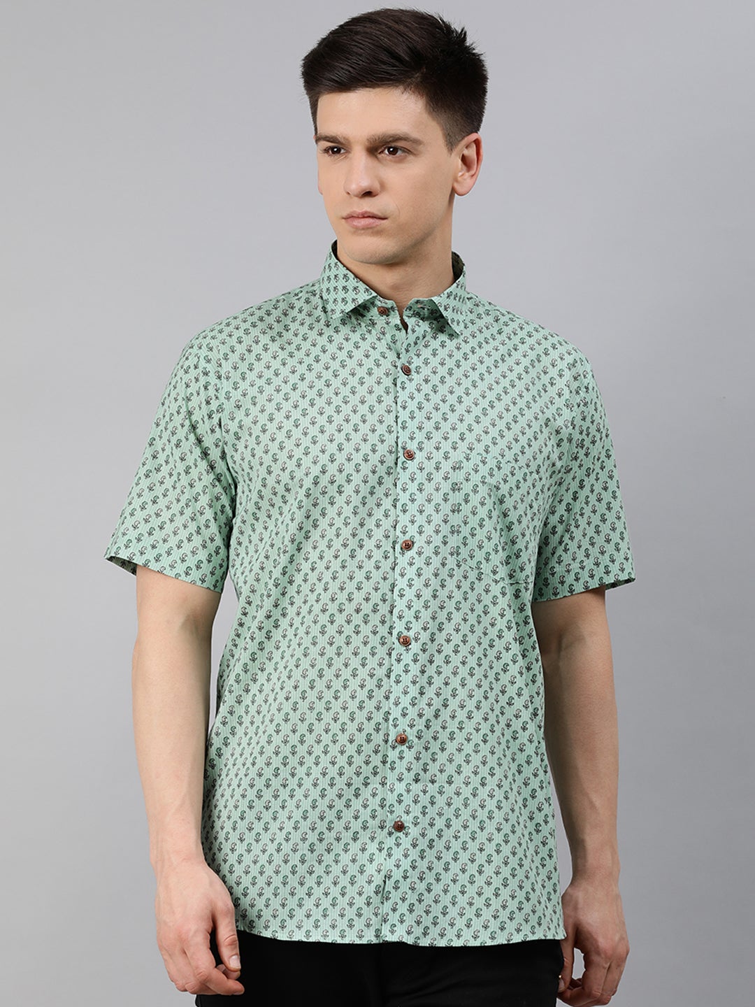 Men's Sea Green Cotton Short Sleeves Shirts For Men