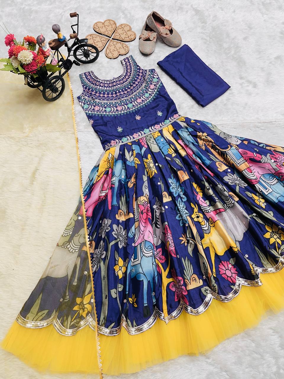Girl's Blue Crepe Embroidery Lehenga Set