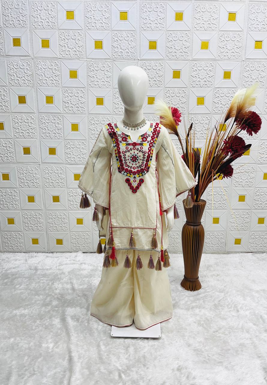 Girl's Cream Cosmos Gold Jari Silk Mirror Kids Kurta Sharara Set With Dupatta