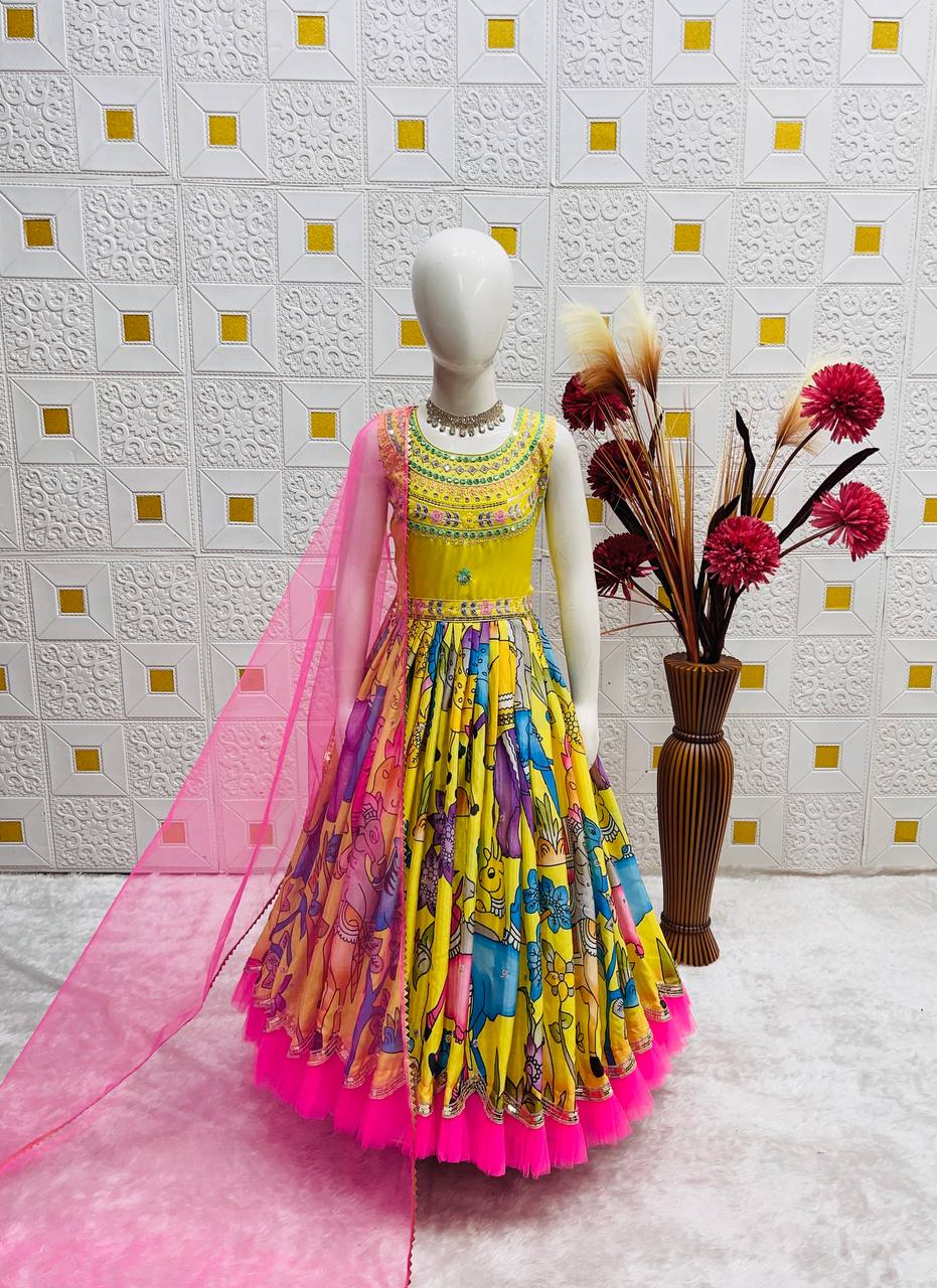 Girl's Yellow Velvet Embroidery Kids Kurta Pant Set With Dupatta