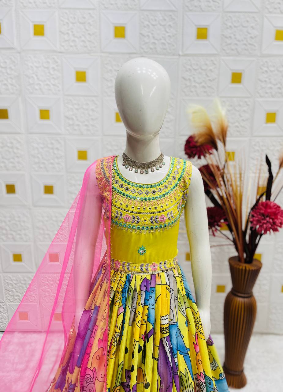 Girl's Yellow Velvet Embroidery Kids Kurta Pant Set With Dupatta