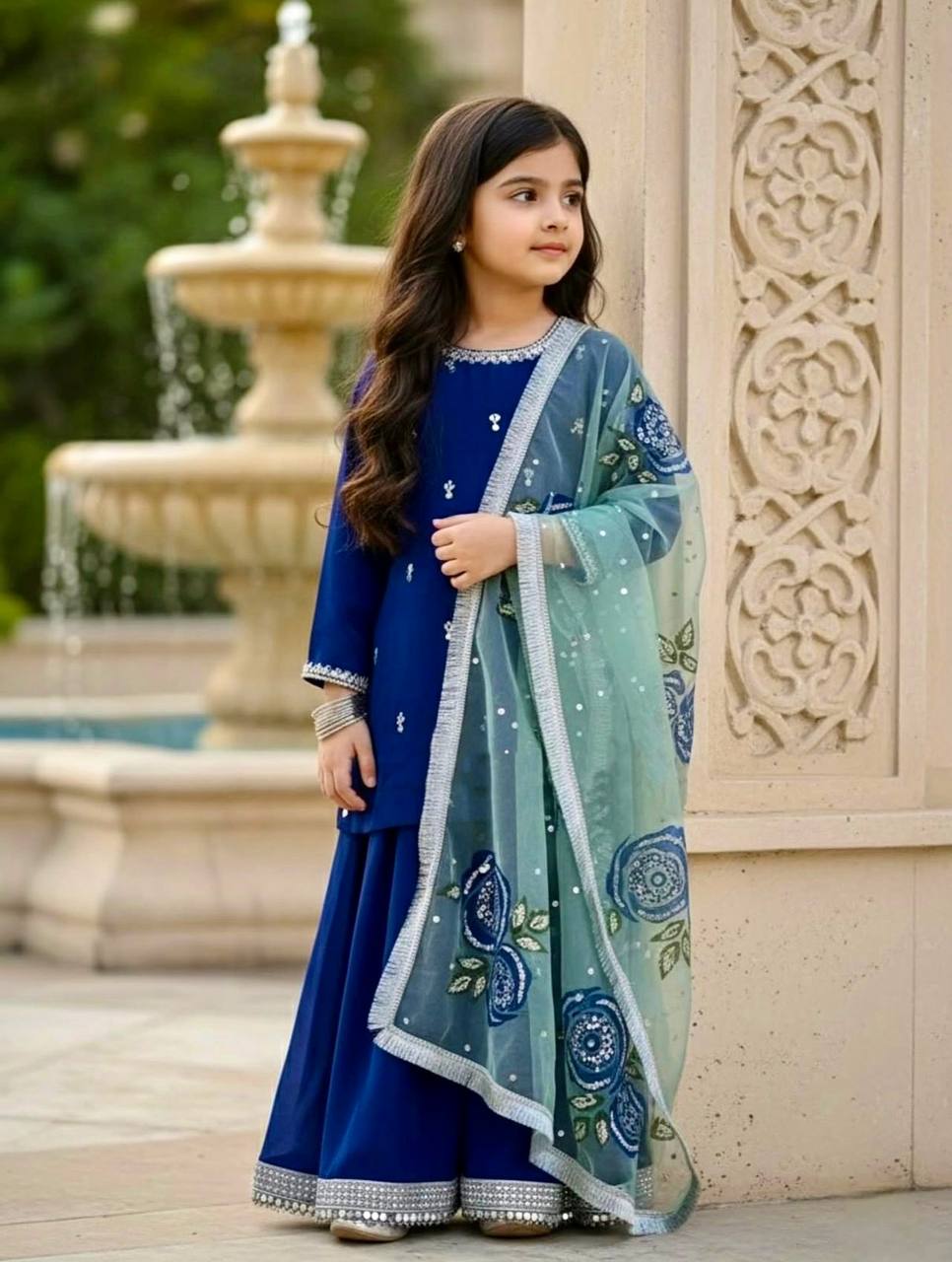 Girl's Blue Art Silk Jacquard Kurta Pant Set With Dupatta