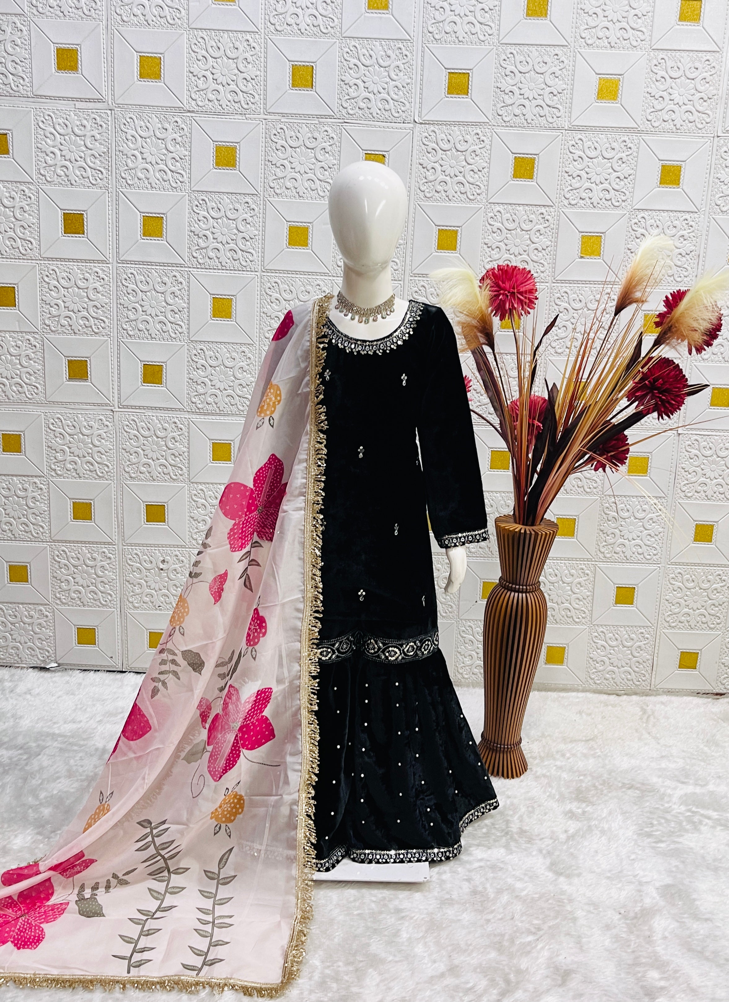 Girl's Black Art Silk Jacquard Kurta Pant Set With Dupatta