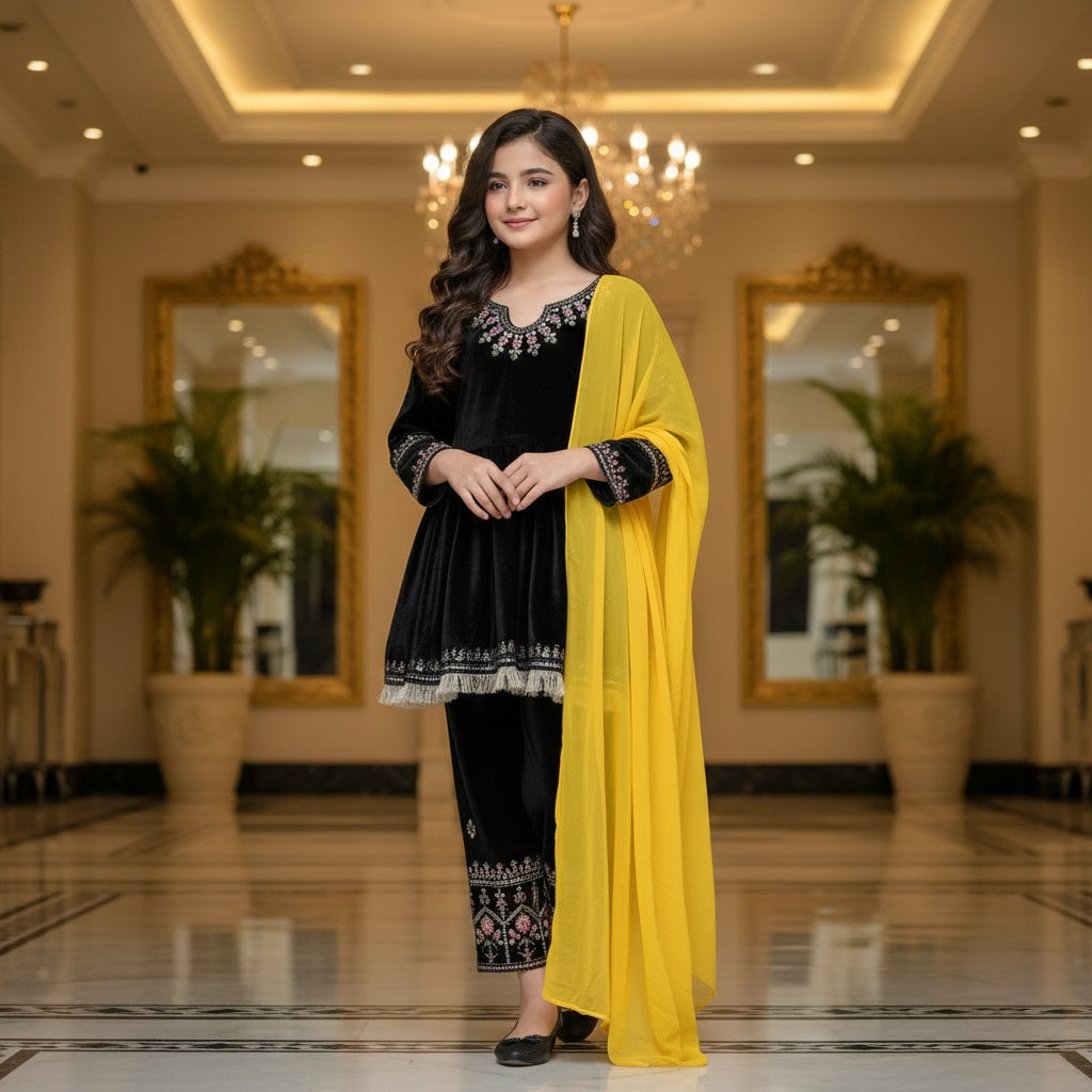 Girl's Black Art Silk Jacquard Kurta Pant Set With Dupatta