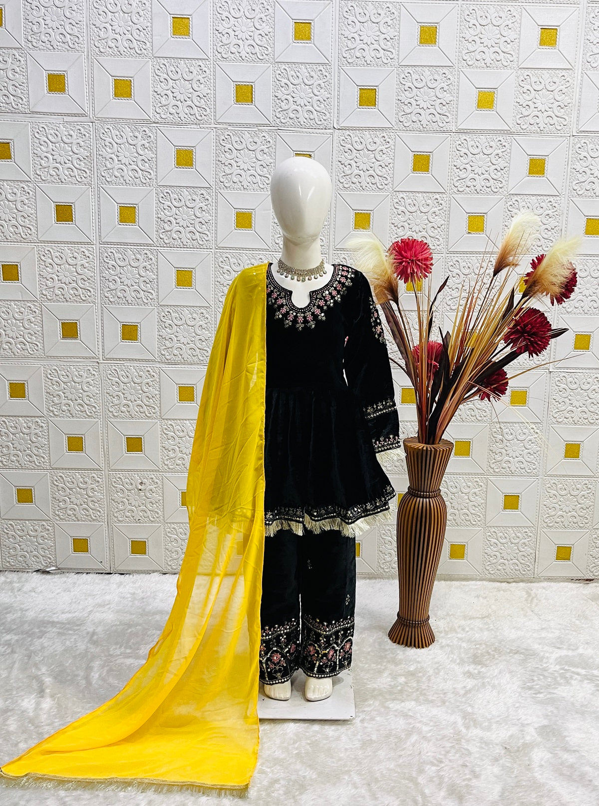 Girl's Black Art Silk Jacquard Kurta Pant Set With Dupatta