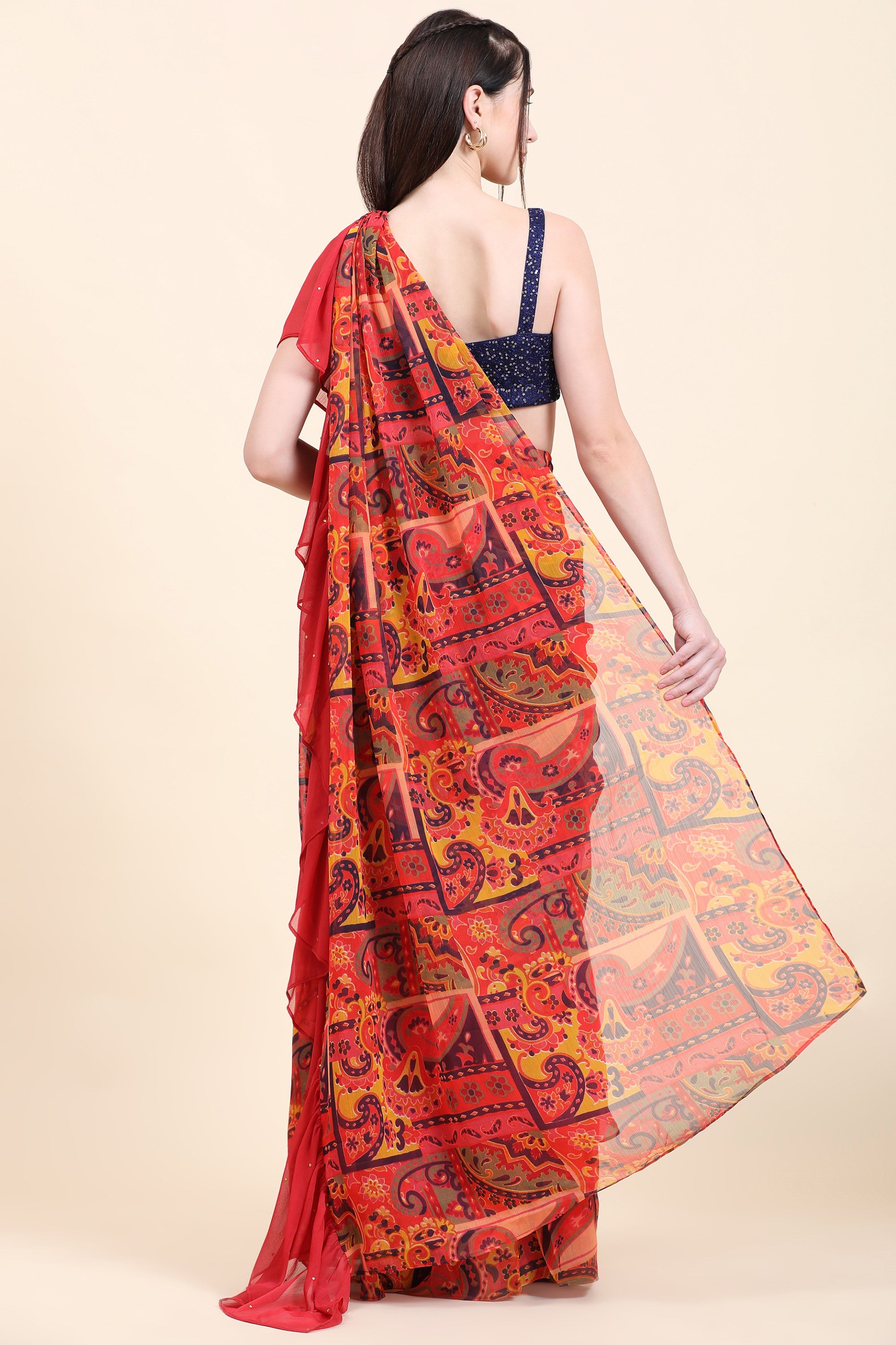 Women's Printed Chiffon Red base Ruffle Saree, Sequins Blouse set
