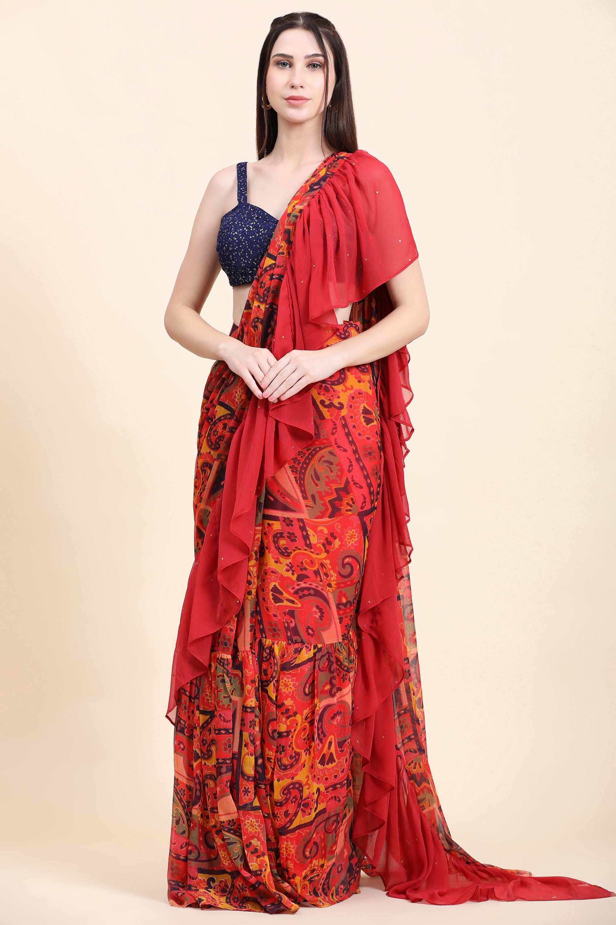Women's Printed Chiffon Red base Ruffle Saree, Sequins Blouse set