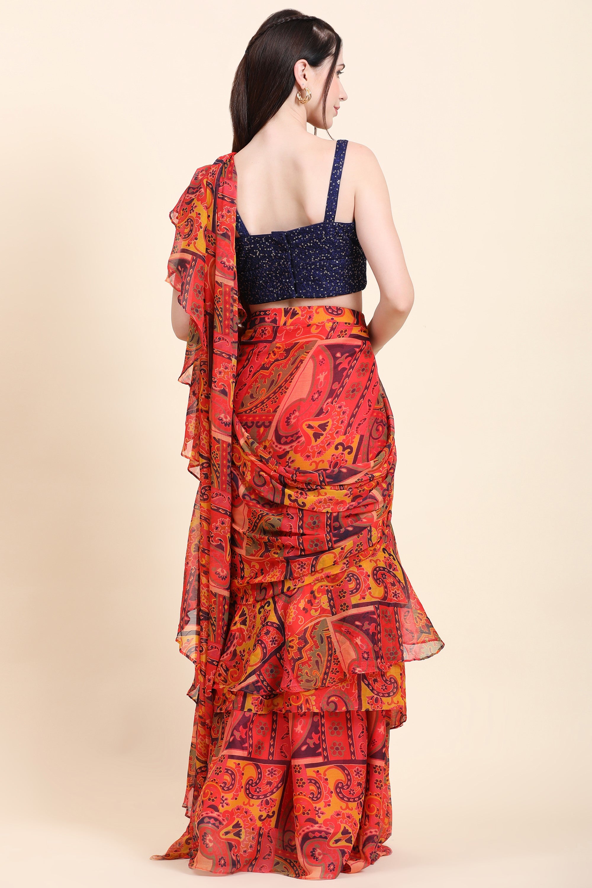 Women's Printed Chiffon Red base Multitier Ruffle pallu Saree, Sequins Blouse set